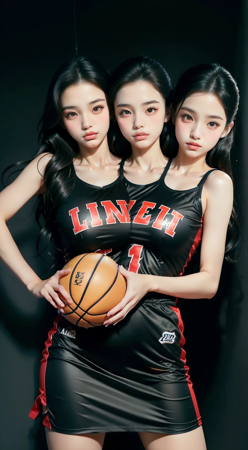 (Two heads), (masterpiece, best quality), best resolution, (2heads:1.5), 1girl,basketball,red_basketball_uniform, black_eyes, black_hair, clothes_writing_10, grey_background, holding_ball, jersey, lips, long_hair, realistic, solo,