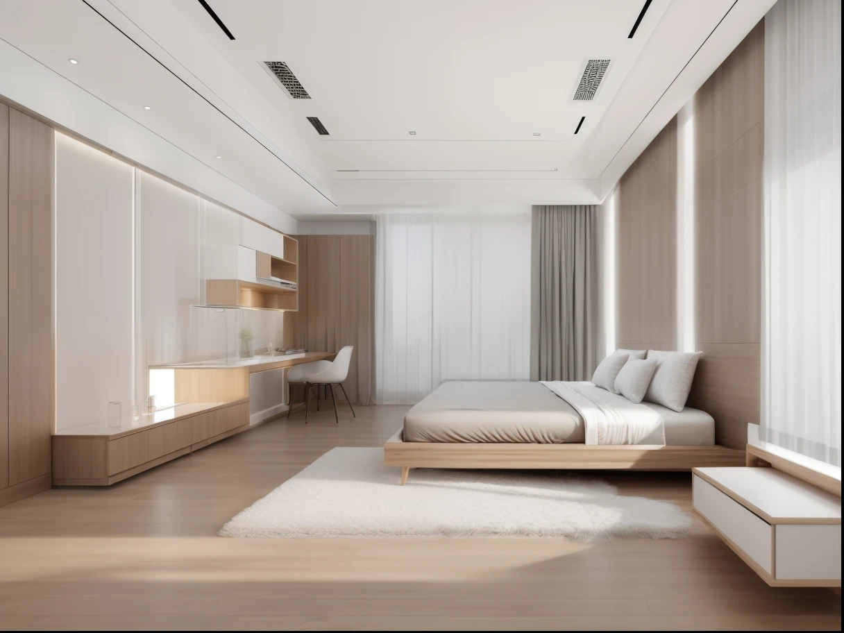 modern interior, raw photo bedroom with a bed, wood floor, desk, curtain, glass window, soft light, day light,masterpiece, best quality, supper detailed ,8k, ultra realistic.