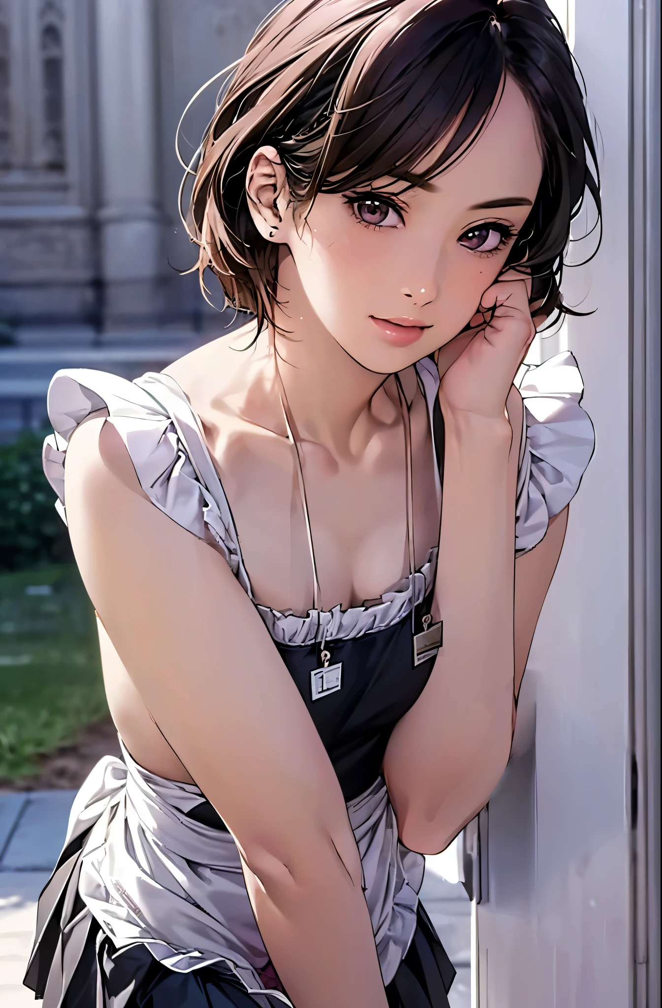 (masterpiece:1.2, top-quality), (realistic, photorealistic:1.4), beautiful illustration, (natural side lighting, movie lighting), nsfw,
looking at viewer, 1 girl, japanese, 22 years old, perfect face, cute and symmetrical face, shiny skin,
(middle hair, straight hair black hair), parted bangs, brown eyes, long eye lasher, (medium breasts),
beautiful hair, beautiful face, beautiful detailed eyes, beautiful clavicle, beautiful body, beautiful chest, beautiful thigh, beautiful legs, beautiful fingers,
(ruffle style costumes, (maid cafe costume, pleated mini skirt)),
(beautiful scenery), ((tylish maid café), menu cards, name tags, drinks, food, (light pink satin panties:1.2),