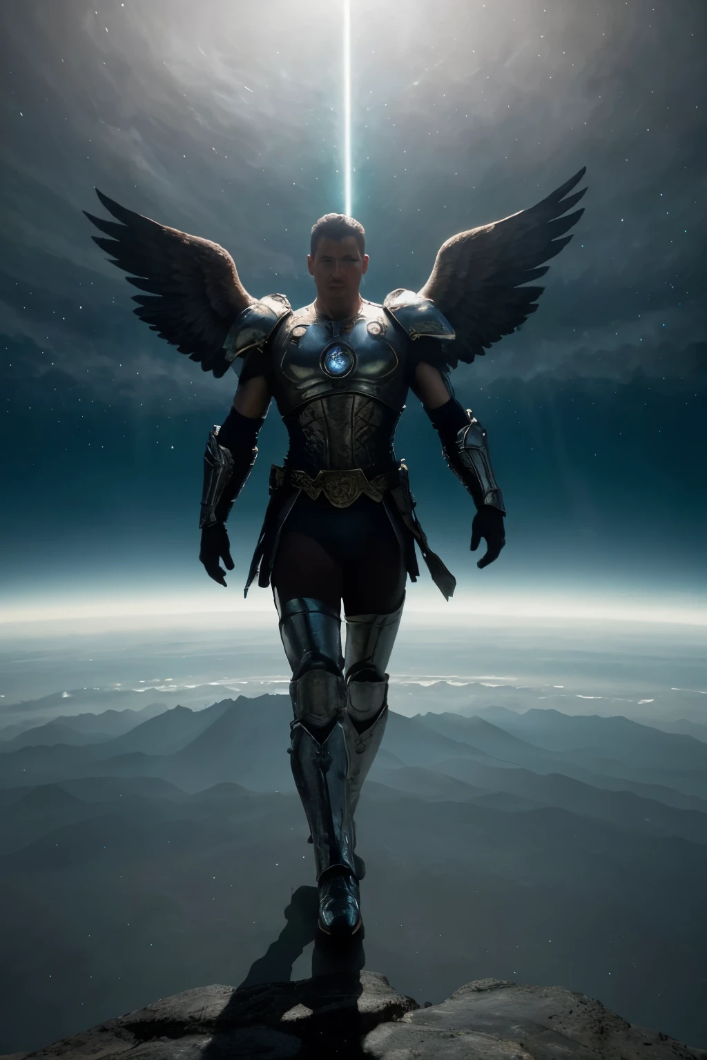 cosmic warrior angel, male, giant wings, harsh descent towards the planet from outer space , celestial dagger, glow with power, gleaming armor glinting in the starlight, planet swirling with blues and greens under a hazy atmosphere, , powerful,charismatic, perspective , epic fantasy artwork, dynamic motion, 32k UHD render, cinematic lighting, hyper-realistic, high-angle