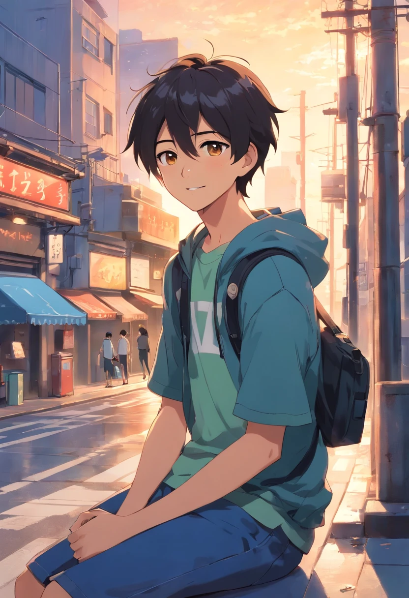 best quality, masterpiece, A 17-year-old boy sits on the corner of the street, High,skiny，golden eyes，black hair，seductive grin smile。