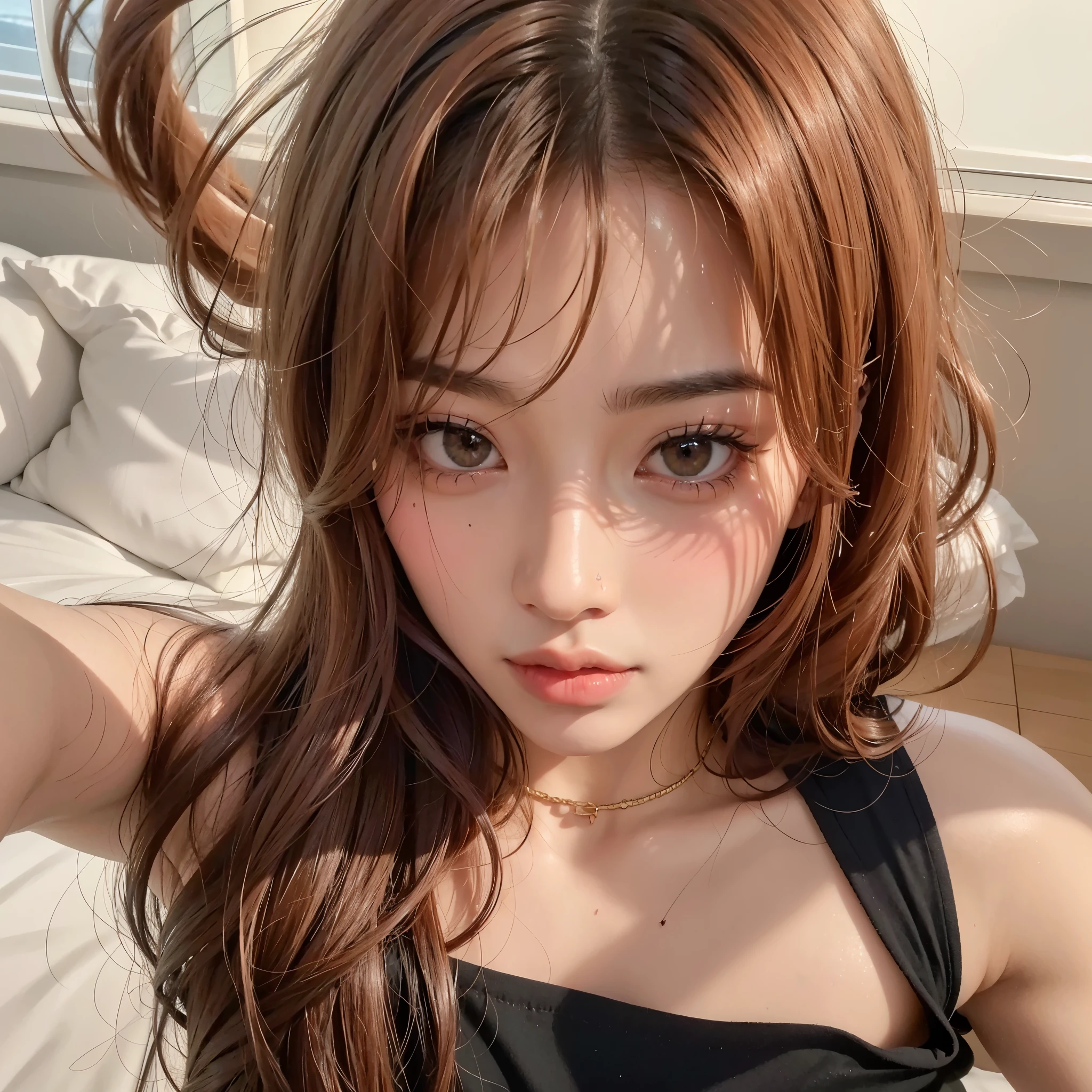 there is a woman com cabelo ruivo laying in bed with a cell phone, Sun Yunjoo, ela tem cabelo longo redoranjado, ela tem longos cabelos castanhos alaranjados, com cabelo ruivo, ela tem cabelo ruivo, jossi do blackpink, dilraba dilmurat, Jinyoung Shin, jia, com longos cabelos ruivos, Heonhwa Choe, cabelo vermelho brilhante, cabelo laranja, cabelo ruivo, cabelos alaranjados