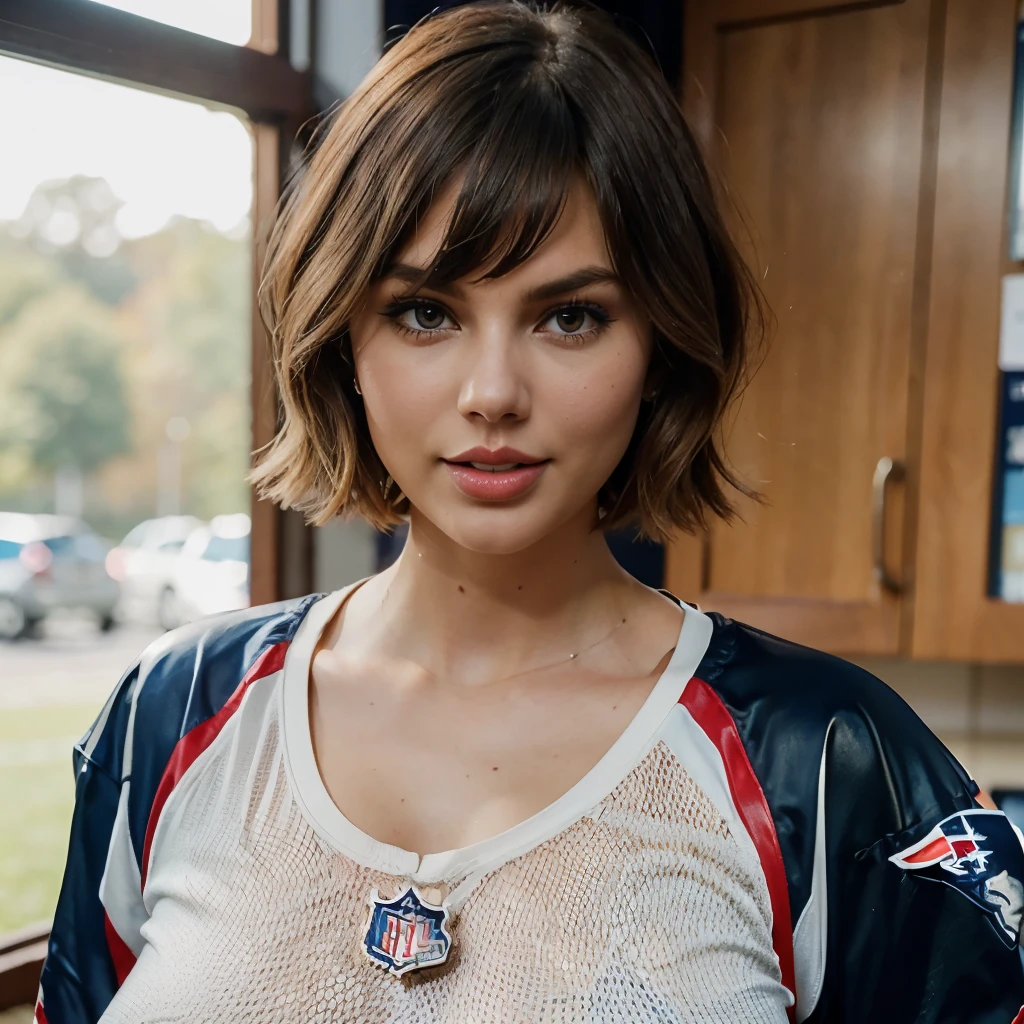Amateur photo of a gorgeous woman teasing, looking at viewer, ((tongue out)) , sexy, plump, perfect body, (oversized american football jersey), (((new england patriots jersey))), girl next door, white skin, subtle smile, lips apart, red lipstick, black eyeliner, face ( (taylorswift) | gemma chan | chubby drew barrymore | kirsten dunst ) , auburn, light brown hair, red hair, short hair, (hair attached) , hair bun, (hair fringe) , ((big natural breasts)) , ((long saggy breasts)) , amateur photo, iPhone X,