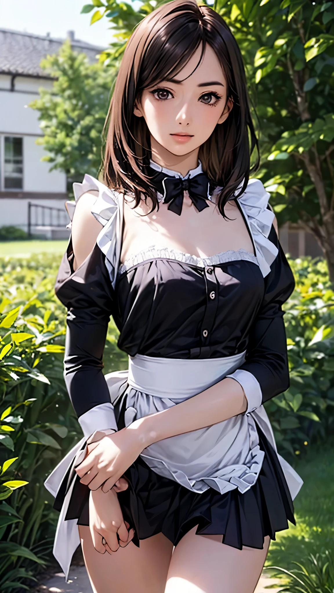 (masterpiece:1.2, top-quality), (realistic, photorealistic:1.4), beautiful illustration, (natural side lighting, movie lighting), nsfw,
looking at viewer, 1 girl, japanese, 22 years old, perfect face, cute and symmetrical face, shiny skin,
(middle hair, straight hair black hair), parted bangs, brown eyes, long eye lasher, (medium breasts),
beautiful hair, beautiful face, beautiful detailed eyes, beautiful clavicle, beautiful body, beautiful chest, beautiful thigh, beautiful legs, beautiful fingers,
(ruffle style costumes, (maid cafe costume, pleated mini skirt)),
(beautiful scenery), ((tylish maid café),