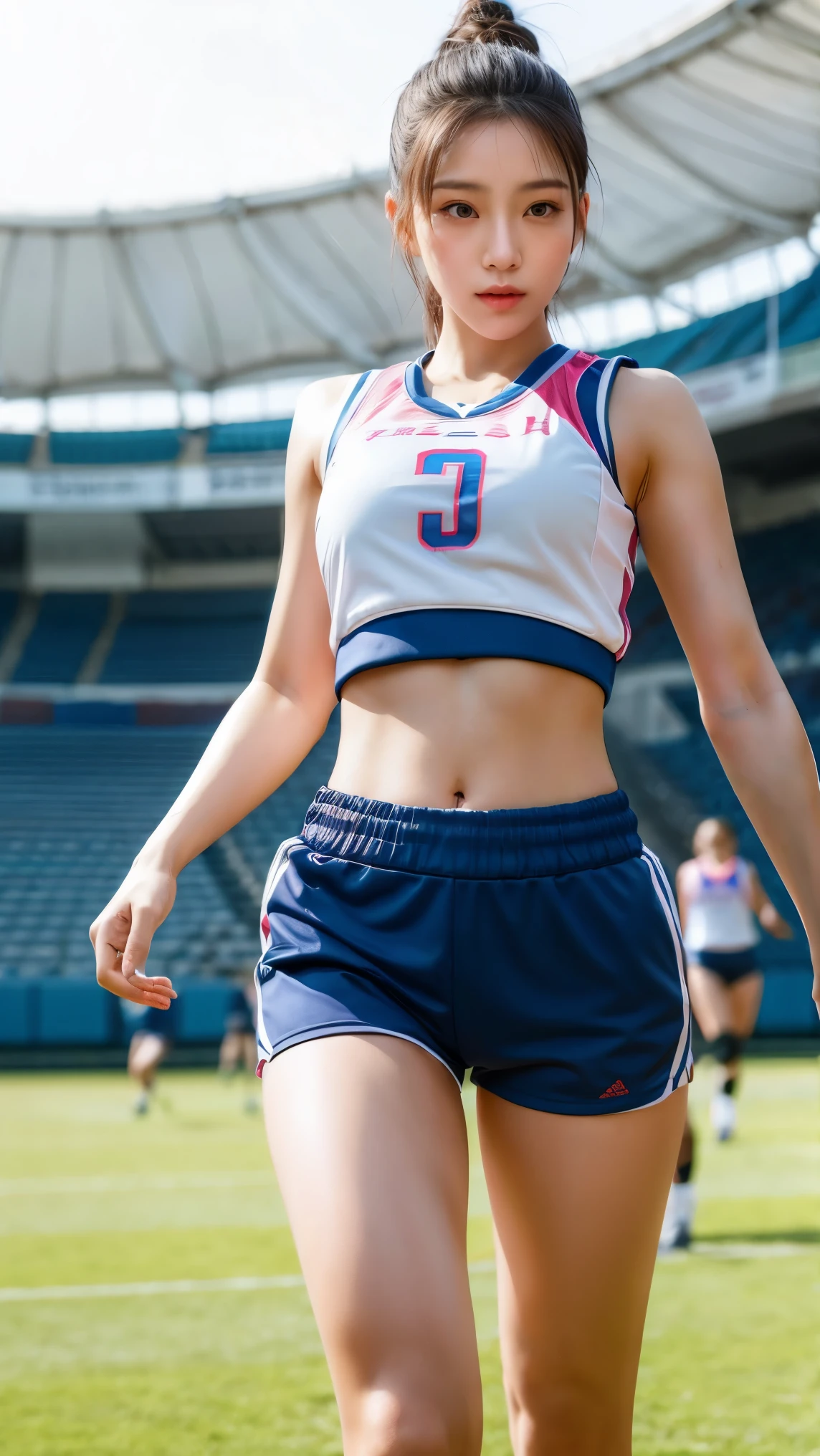 hyper realistic, 1girl, Korean, wearing volleyball sportswear sleeveless, slimfit short pants, against sport stadium, spotlight, 3/4 body, walking, playing sports,
