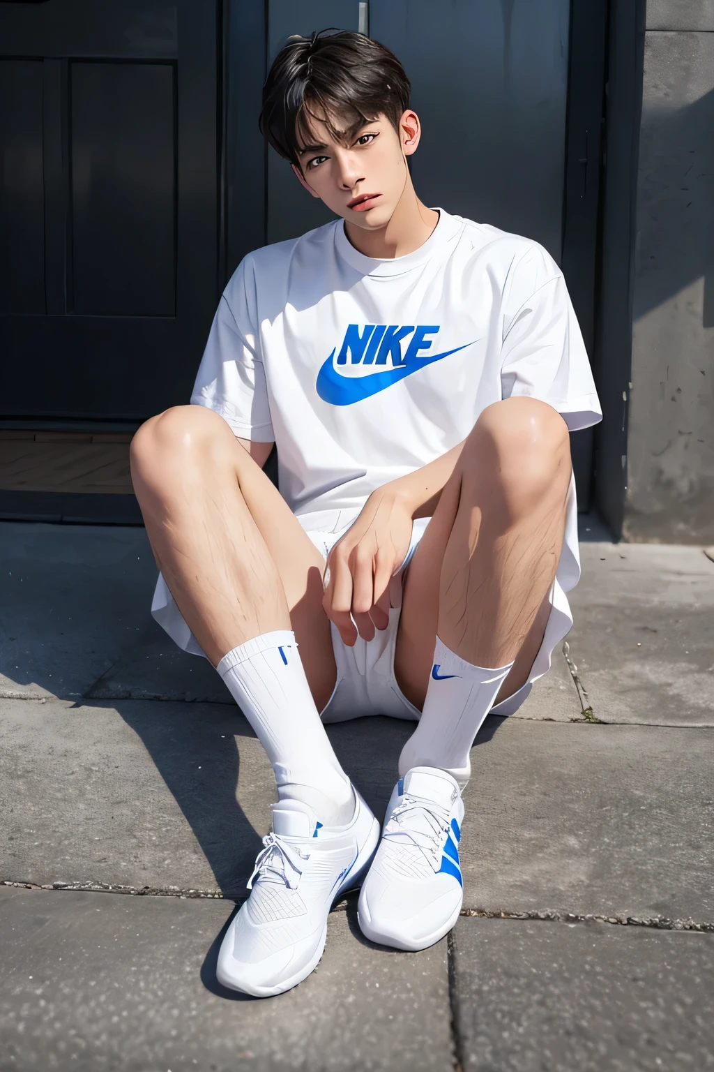 Handsome age boy,He was wearing only white underwear and white Nike socks,His socks have slight sweat stains,His legs are slightly raised and spread apart,两腿间There is a huge bulge,There is a huge bulge