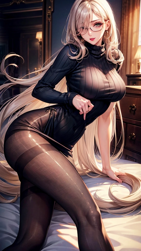 illustration, masterpiece, best quality, extremely detailed, big , slim body, slim waist, seductive face, ((hiar over one eye)), lipstick, ligh makeup, high_heels, (((sweaterdress))), ((pantyhose)), (very_long_hair), glasses