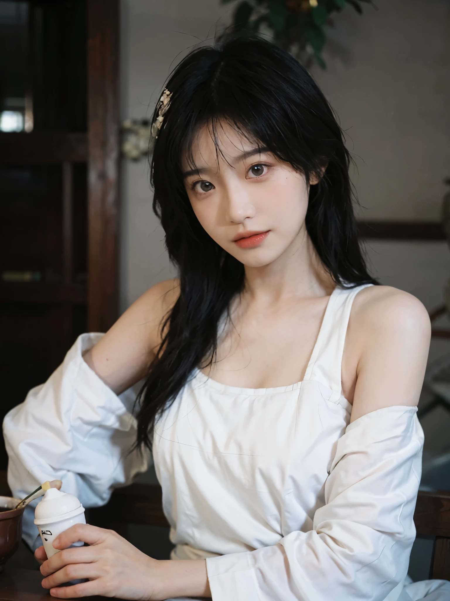 Film portrait photography, 2 girls, bare shoulders, Shoulder length wavy hair, Snow-white cheongsam,(Realistic and detailed eyes, natural skin texture, Realistic facial details),, depth of field, Bokeh, Vibrant details, Detailed and detailed, Surrealism, 35mm film, hazy, ,self-shot,