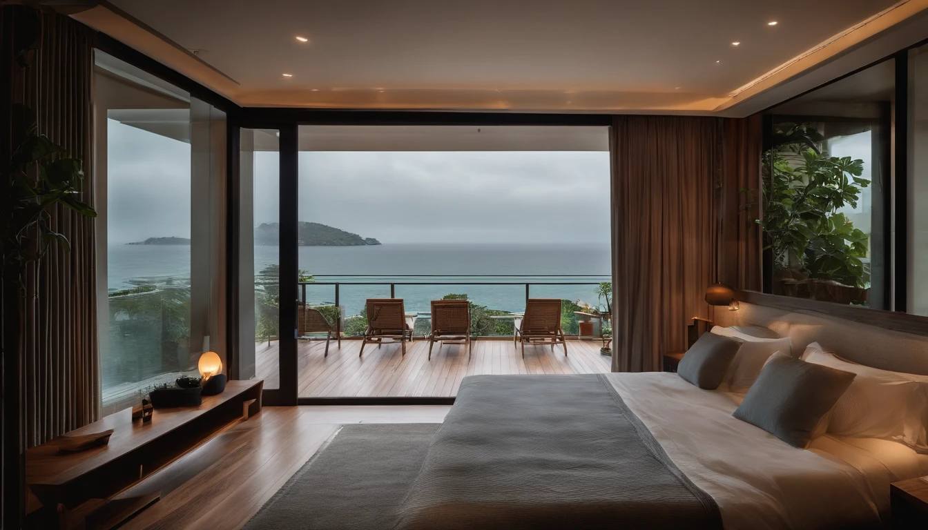 it&#39;s raining outside、Villa with sea view、You can see the rainy sea outside from the big bed.{View from bed}