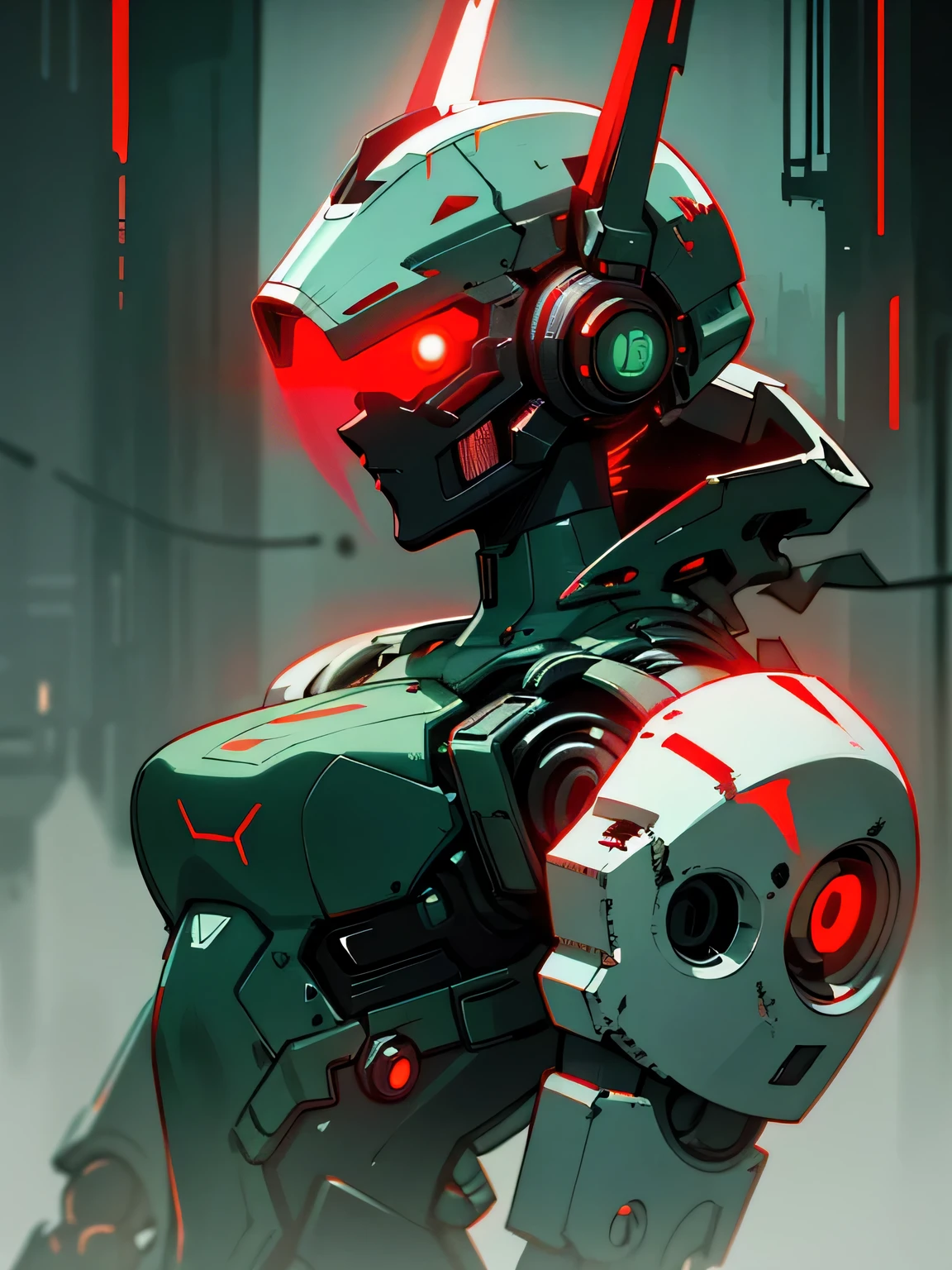 ((dark cyberpunk art)), (dull city atmosphere), dark robot girl, robotic elegance, red luminous head visor, White and red suit, clothes with stylized holes, metal shoulders, cold light, dark green color palette, Devastation and decline, deadly fog, very detailed, very detailed background