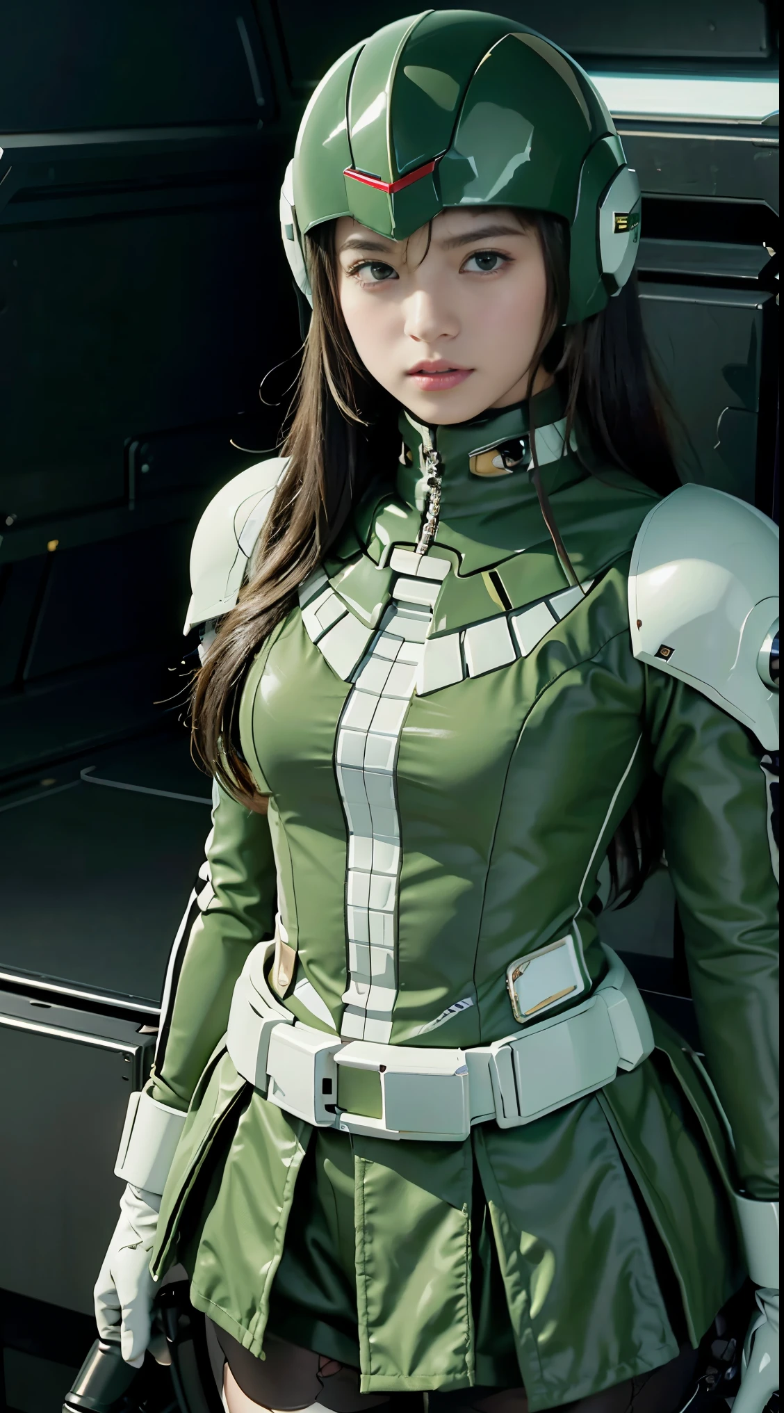 Highest image quality, outstanding details, ultra-high resolution, (realism: 1.4), the best illustration, favor details, highly condensed 1girl, with a delicate and beautiful face, dressed in a black and green mecha, wearing a mecha helmet, holding a directional controller, riding on a motorcycle, the background is a high-tech lighting scene of the future city.