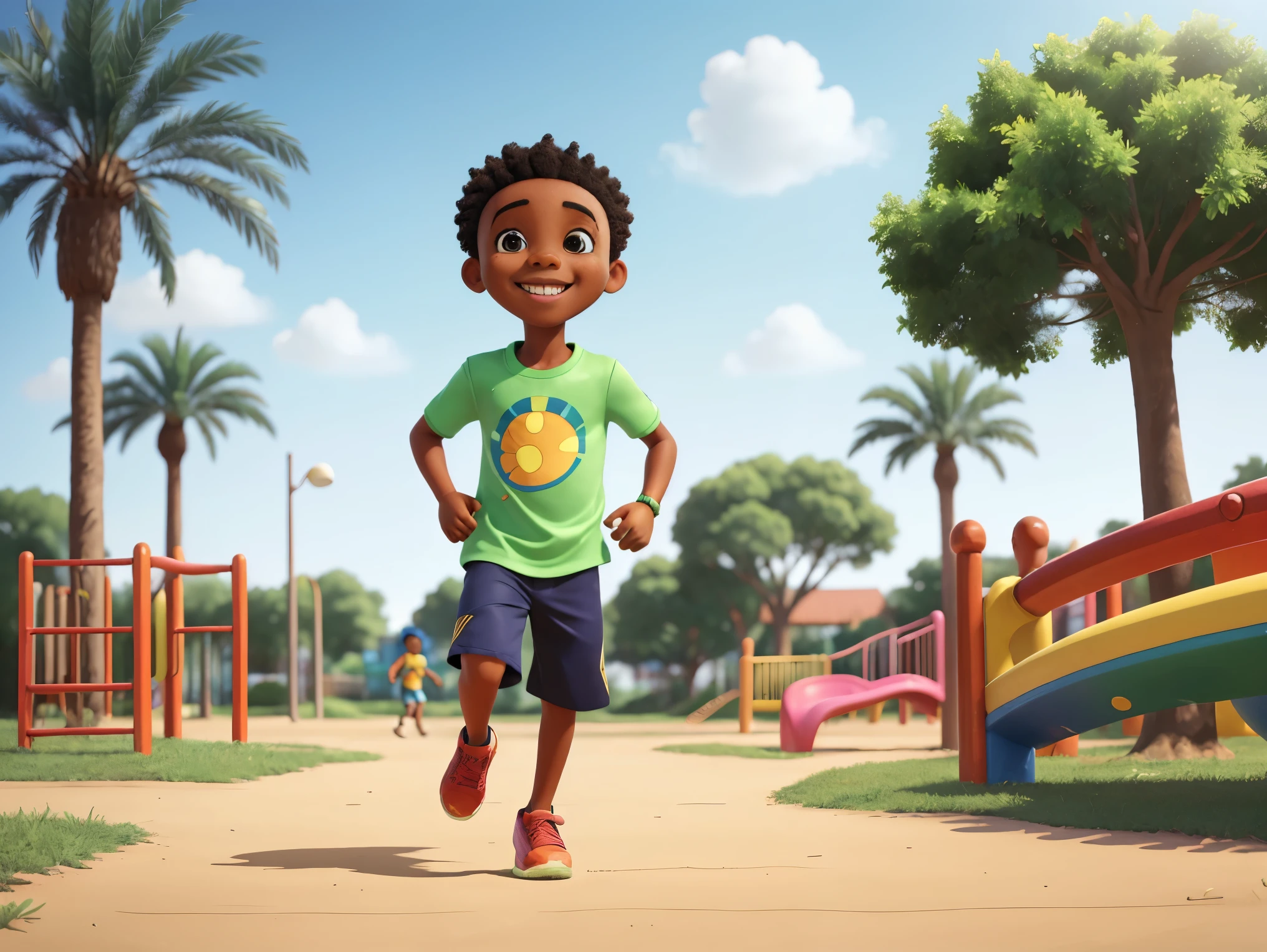 (african american boy, energetic running, joyful playing, happy face, vibrant colorful dress),illustration,playground,summer,sunny day,cheerful atmosphere,ultra-vivid colors,sharp focus,realistic lighting,portrait style,bokeh