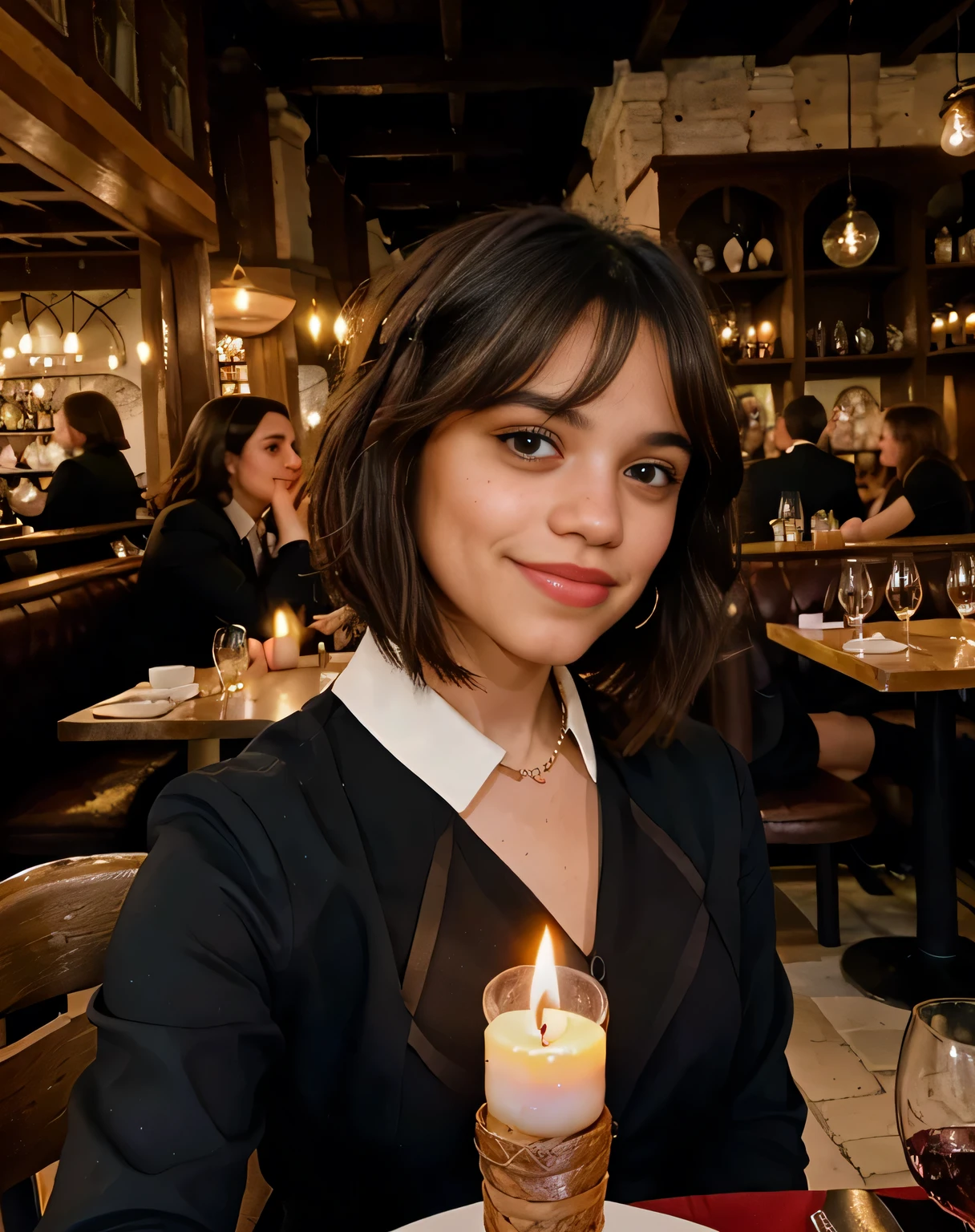 Photo of jortega on a date with the viewer while wearing a black suit, full of charisma, solo, medium length reverse bob haircut, freckles, brown eyes, shiny skin, hyper-detailed, realistic, in a restaurant with the view of Venice's river, NO BACKGROUNG PEOPLE, romantic, warm smile, valentine day, night sky, candlelight.