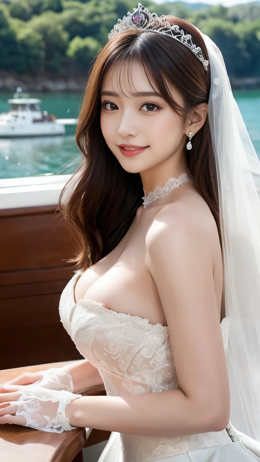 (best quality, on the table:1.2), (actual:1.3), (Super detailed background, Detailed background), Bokeh,taken from the side,  ((medium breasts)), [beautiful valley],(princess line wedding dress:1.3),(boat neck:1.5), bridal tiara, wedding veil, bridal gloves,  Upper body, Beautiful wedding venue near the sea, ager, Lovely,smiling,huge boobs，Show breasts，exposing her chest，huge breasts，Show breasts，huge ，huge breasts，exposing her chest，
