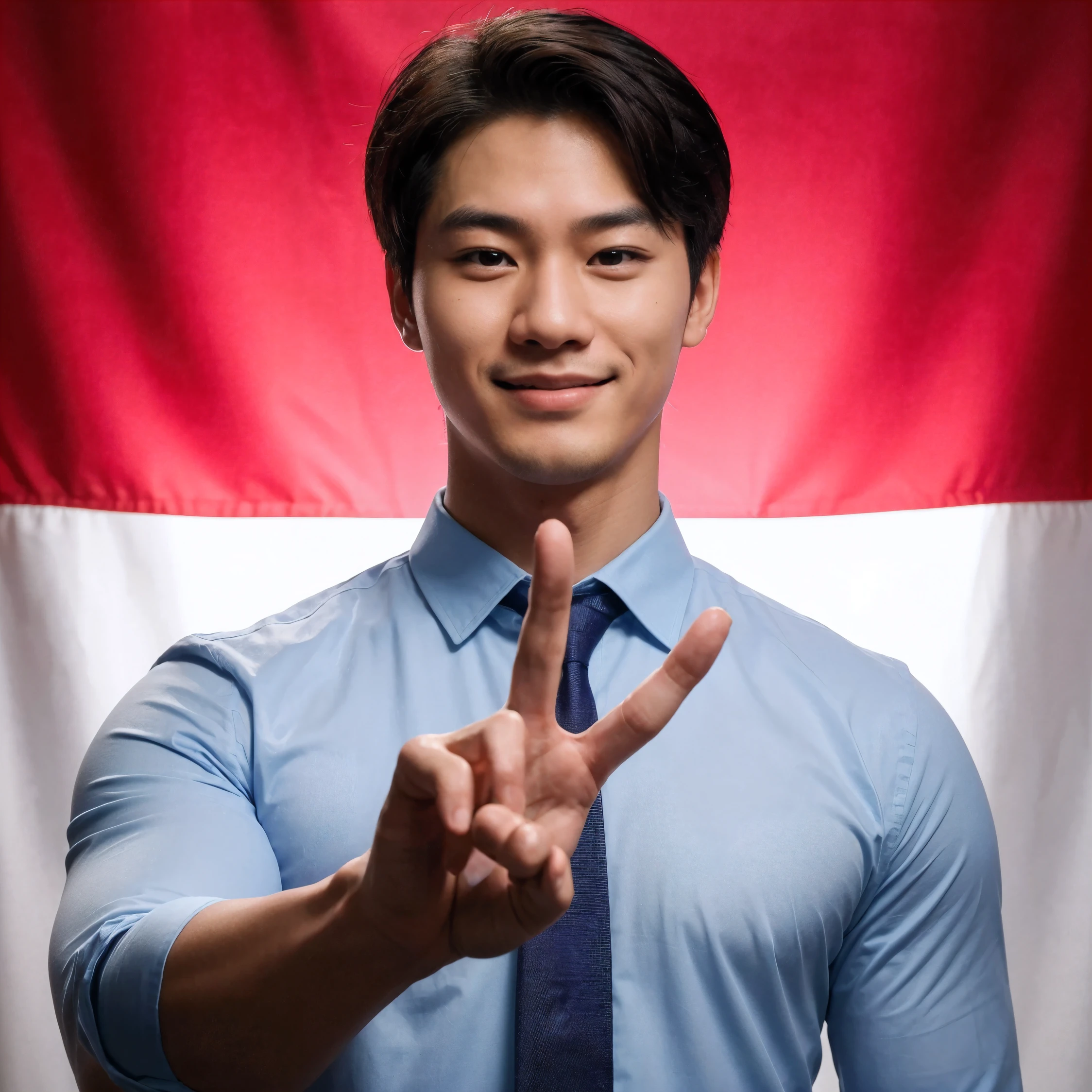 Create a realistic photo fullbody shot of a 25 year old korean man, wearing a formal sky blue shirt, fit body trapezoid, posing smiling while showing his "One hands two fingers pose" which has a little purple ink on the tip of his little finger. The background depicts the red and white Indonesian flag, photo look real and real, realistic, hyperrealistic, very detailed, highly resolution, 8K