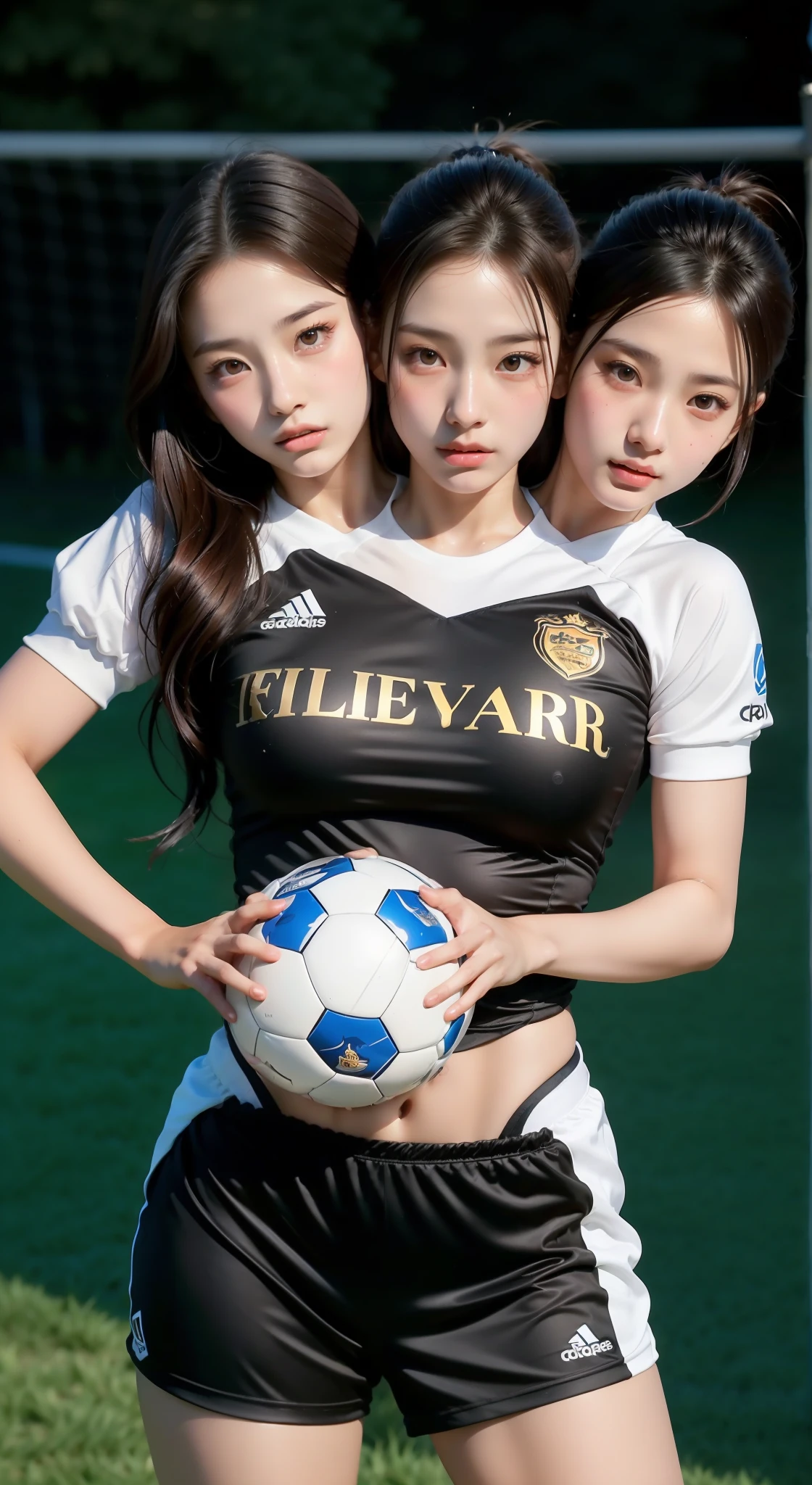 (Three heads), (masterpiece, best quality), best resolution, (3heads:1.5), 1girl,soccer, playing soccer, kicking ball, soccer_uniform, black_eyes, brown hair, black hair, different-coloured hair, different hair styles, different expressions, soccer field, holding_ball, jersey, lips, long_hair, realistic, solo,