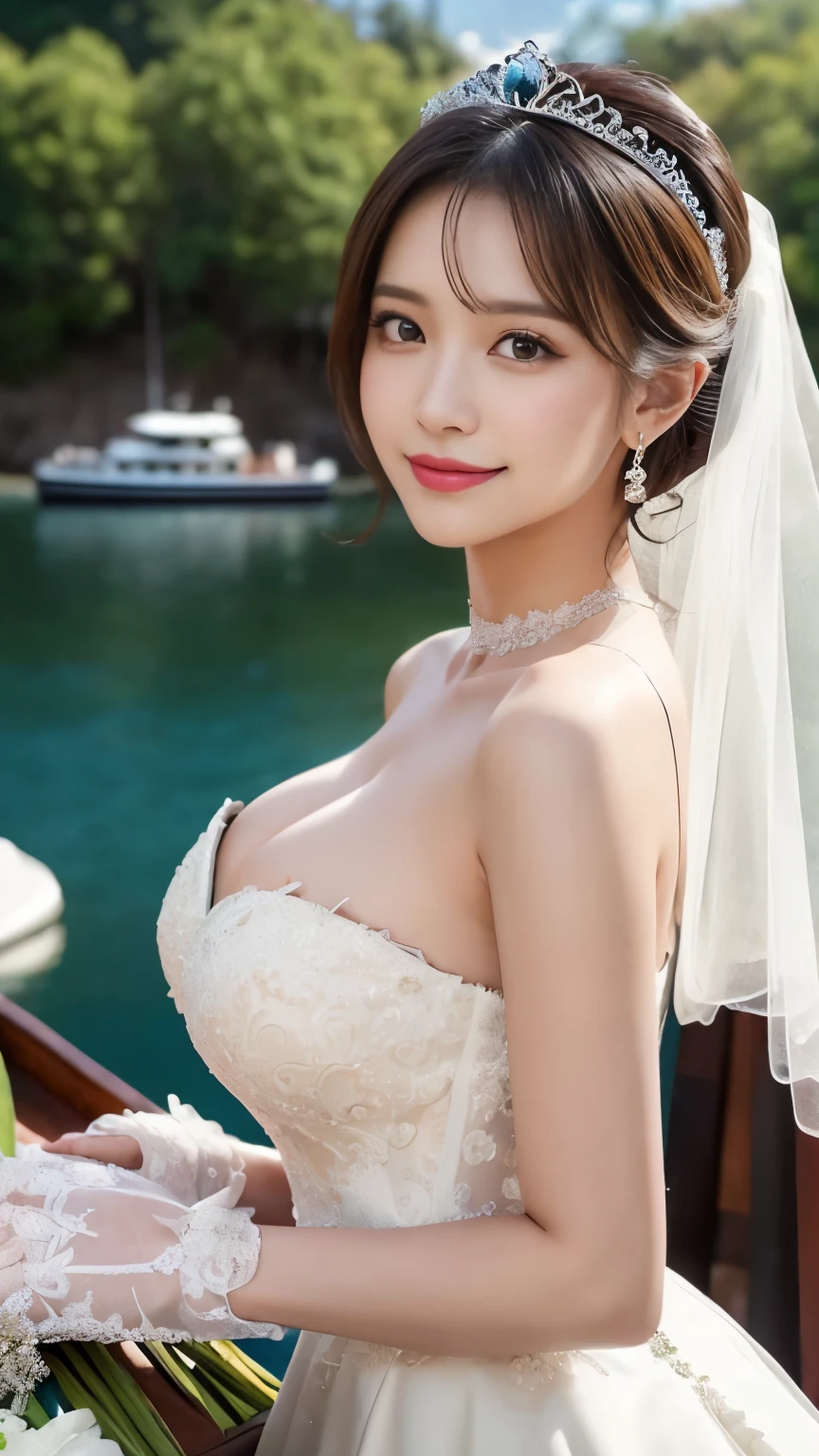 (best quality, on the table:1.2), (actual:1.3), (Super detailed background, Detailed background), Bokeh,taken from the side,  ((medium breasts)), [beautiful valley],(princess line wedding dress:1.3),(boat neck:1.5), bridal tiara, wedding veil, bridal gloves,  Upper body, Beautiful wedding venue near the sea, ager, Lovely,smiling,huge boobs，Show breasts，exposing her chest，huge breasts，Show breasts，huge ，huge breasts，exposing her chest，