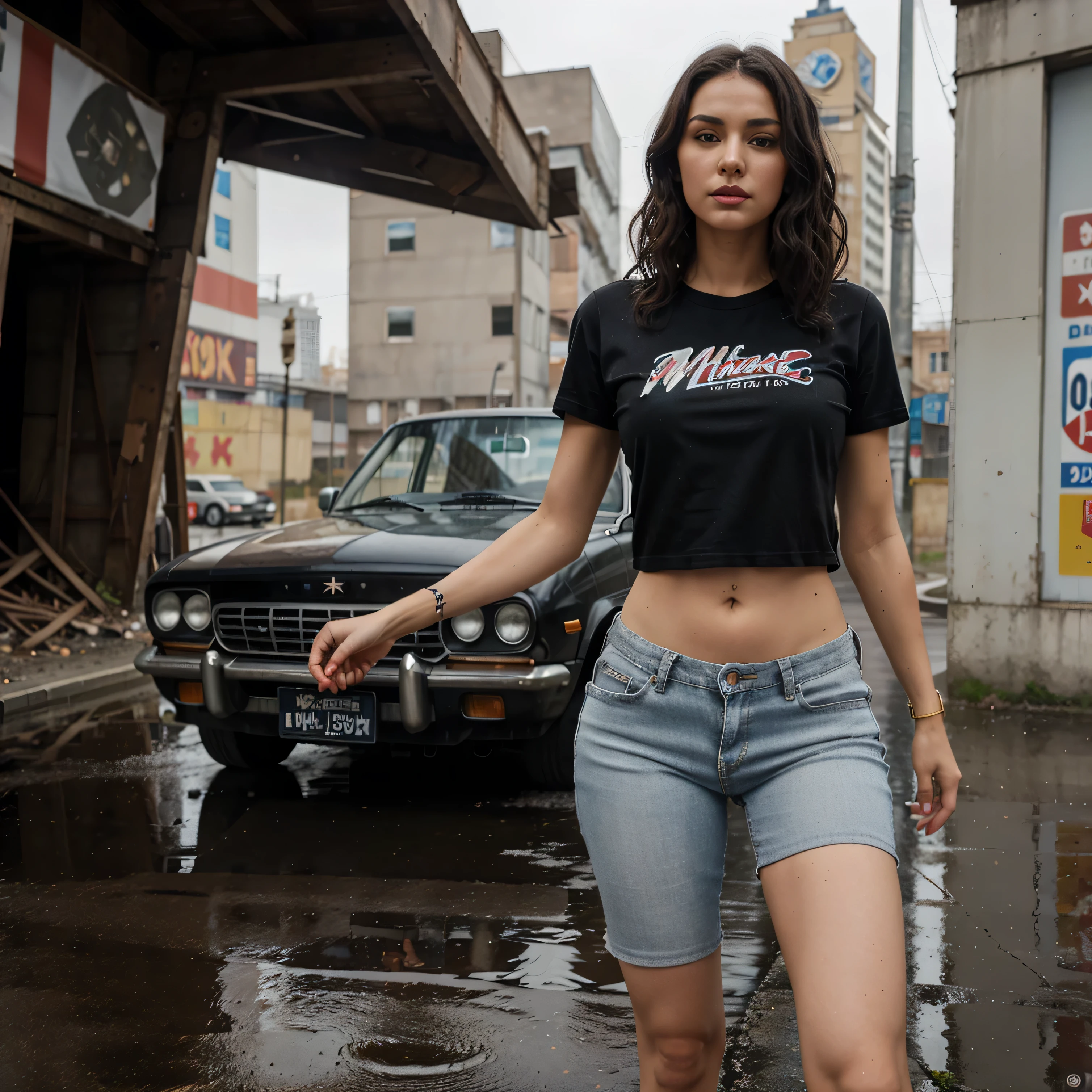 ((Best Quality, 8k, Masterpiece:1.3)), Focus: 1.2, Perfect Body Beauty: 1.4, ((Black short curly Hair)), Round neck regular fit basic tee-shirt:1.1), no print on Teeshirt, basic full body length regular fitting tee-shirt, Blue skin fit jeans, long skinny jeans: 1.1, short sleeves black regular tee-shirt, Highly detailed face and skin texture, Detailed eyes, Double eyelids, toned body, Whitened skin, serious mood, large toned breasts, toned firm legs, high heel's, whitened skin, detailed black eyes, black wavy hairstyle, detailed face, middle eastern woman, baggy medium size basic tee-shirt, simple plain Baggy Tee-shirt, toned firm hips, 8K UHD, Silver anklet, model looks, war area, ruined city, Stalingrad, Russia, rainy weather, dark clouds, silver wrist watch, Silver bracelet, Silver bangle's, open legs style Posing, old gas station, standing at wall, Red high heels, detailed beautiful feets, detailed feets fingers and shape, rainy atmosphere, wet roads, damaged buildings, model shoot style, she's, old wooden chair, dusty and Smokey environment, raining, collapse vintage cars, damages vintage cars, war zone, old Russia, Stalingrad