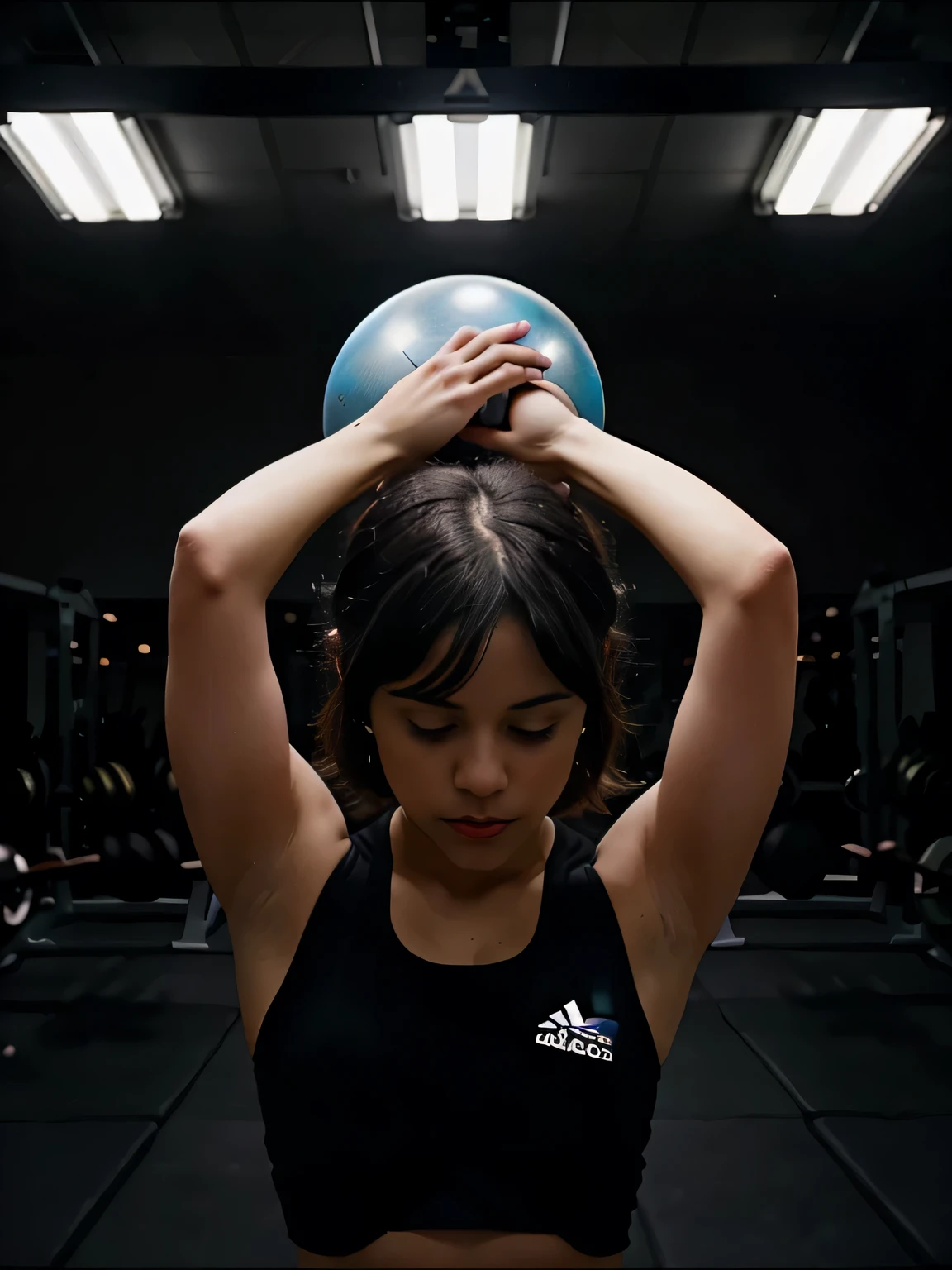 photo of jortega, tying her hair, ultra-detailed, reverse bob haircut, Solo, working out, wearing Adidas black crop top, looking at the camera, in the dark gym, dark atmosphere, simplistic room and background, Captured by Panavision Panaflex Platinum camera with spherical lens Panavision Primo Primes 75mm T1.9