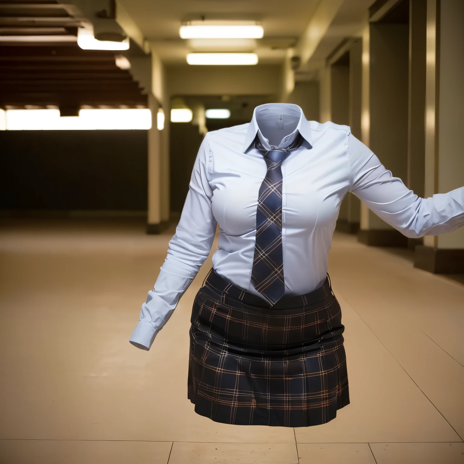 girl's skinsuit on floor, plaid skirt, school uniform, stripe tie, (invisible, no humans, headless, faceless:1.5), chubby, fat, cute big breasts, (8k, RAW photo, best quality, masterpiece, high resolution:1.2), (realistic, photo-realistic:1.37), photon mapping, radiosity, ((Hasselblad photography)), physically-based rendering