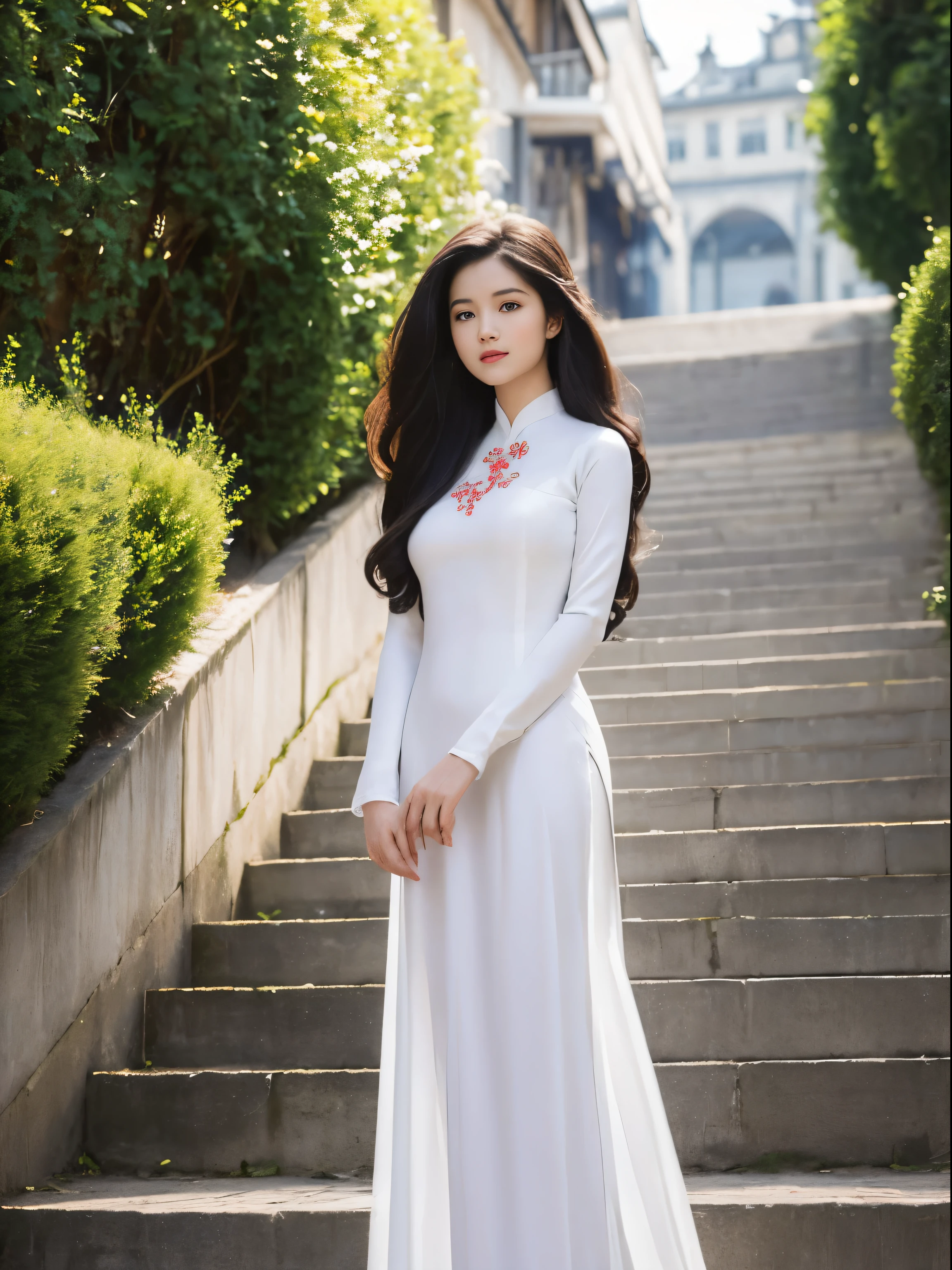 Best quality,masterpiece,ultra high res,(photorealistic:1.4),1 girl, solo,young and beautiful girl , 20 years old , long hair , wearing white Ao Dai , full body portrait , artistic style , bright light , posing on the streets of Paris , Taken with a Canon EOS 5D Mark IV, with the exposure adjusted to soften the light