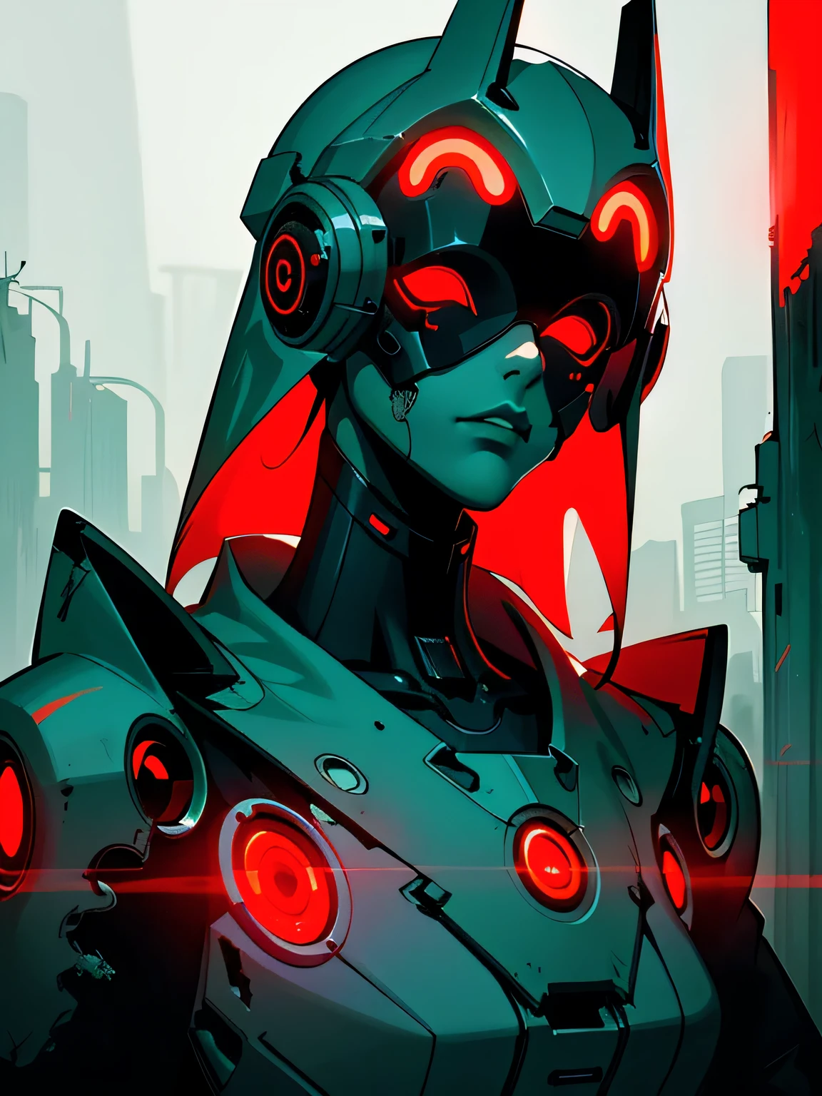 ((dark cyberpunk art)), (dull city atmosphere), dark robot girl, cherry lady, robotic elegance, (red luminous head visor), No mouth, no nose, White and red suit, clothes with stylized holes, metal shoulders, cold light, dark green color palette, Devastation and decline, deadly fog, very detailed, very detailed background