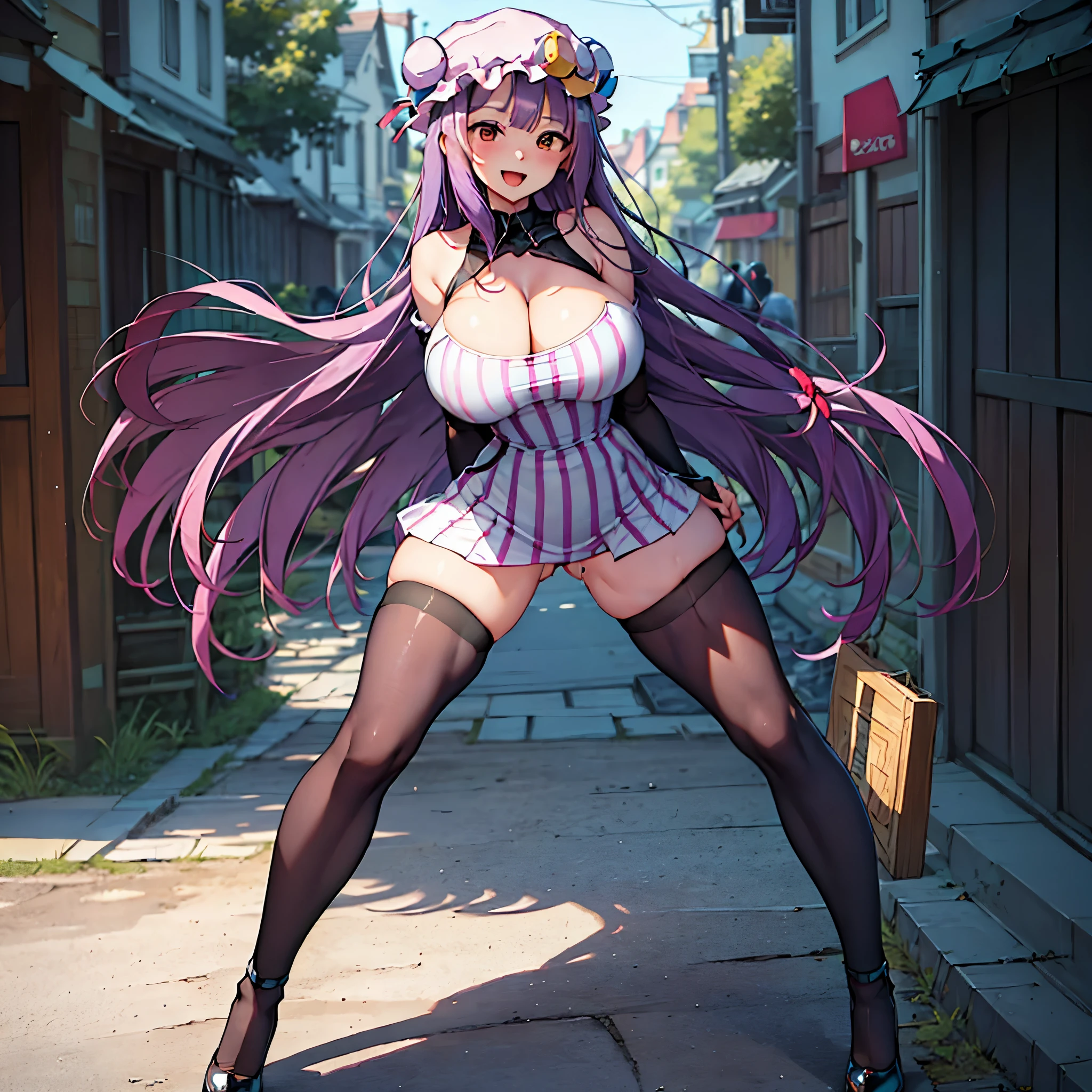 (Patchouli toho character), (standing at lakeside forest), outside, (standing with open legs wide:1.6), (arms behind back), (bending back), tiptoe, pigeon toed, BREAK, (disproportionately gigantic huge breasts:1.2), cleavage, inconceivably thin waist, very short torso, (thin long legs apart:1.23, BREAK, very short miniskirt, thigh gap, (black thighhighs:1.2), highheels, BREAK, smile for viewer, open mouth, nose blush, full body, (pussy juice)