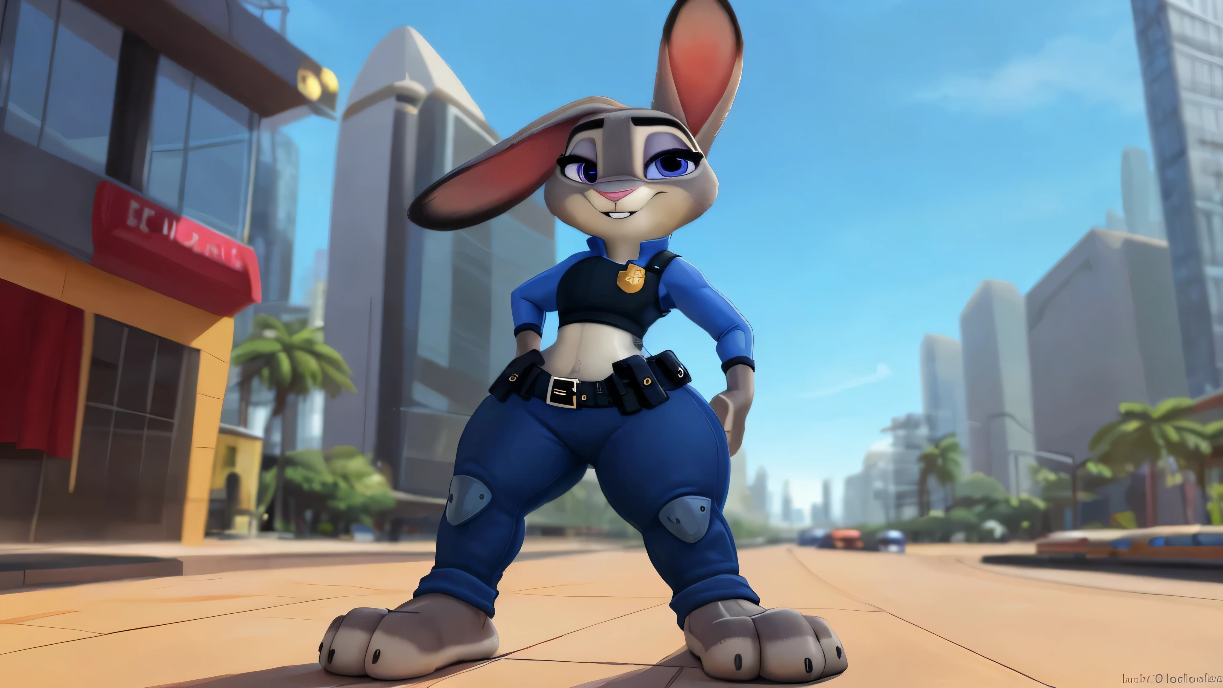 [JudyHopps], [carregado para e621.liquid; (Pixelsketcher), (wamudraws), (Siroc)], ((obra de arte)), ((High definition)), ((high resolution)), ((retrato solo)), ((corpo todo)), ((vista frontal)), ((feet visible)), ((peludo; antropo)), ((pele detalhada)), ((sombreamento detalhado)), ((beautiful rendering art)), {antropo rabbit; pelo cinza, nariz preto, (orelhas de coelho multicoloridas), (curvy hips), (lindas pernas), (beautiful feet), (lindos olhos roxos), (sorriso fofo)}, {(uniforme policial), (ZPD Police Badge), (tight blue pants)}, {(standing), (hands on hips), olhando para o espectador)}, [Fundo; (cidade zootopia), (skyscrapers), (blue sky), (raios solares)]