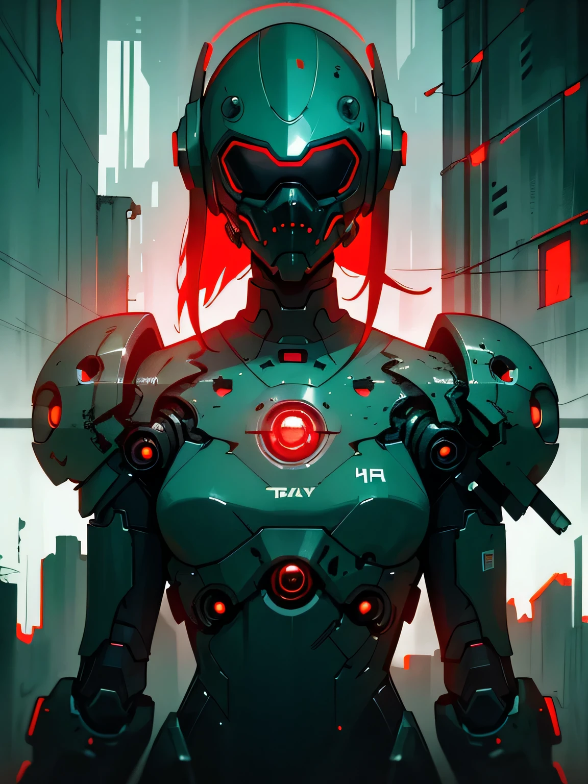 ((dark cyberpunk art)), (dull city atmosphere), dark robot girl, cherry lady, robotic elegance, (red luminous head visor), No mouth, no nose, White and red suit, clothes with stylized holes, metal shoulders, cold light, dark green color palette, Devastation and decline, deadly fog, very detailed, very detailed background