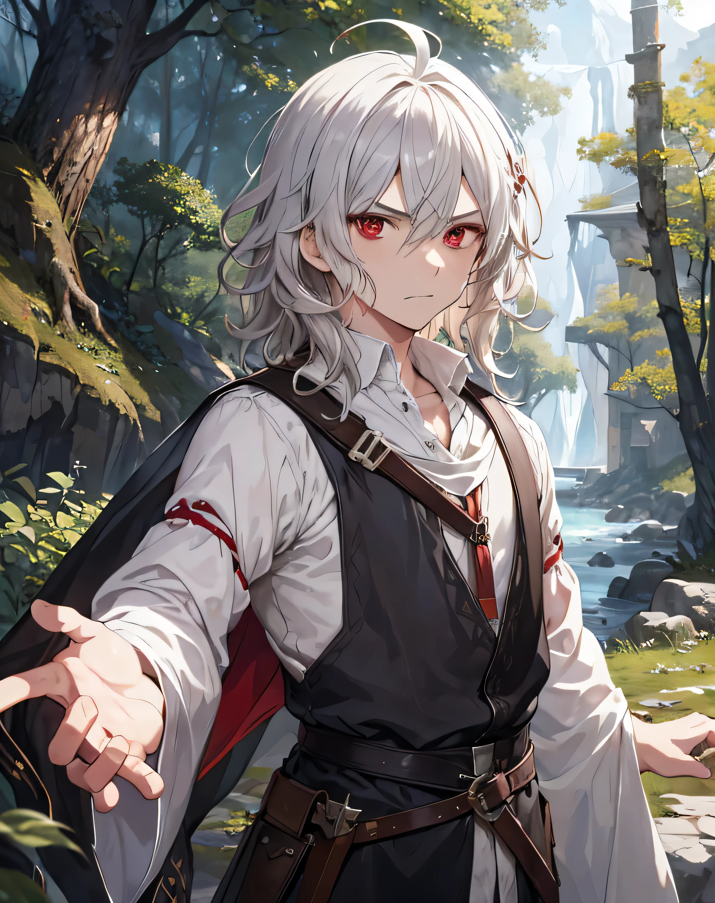 masterpiece, 1men, sparrow, a silver haired men, wearing a medieval villager clothes, curly medium hair, messy hair, slim body, wearing adventurer clothes, he close her left eye, shirt ornament, angry expression, red eyes, stand at forest, ahoge,