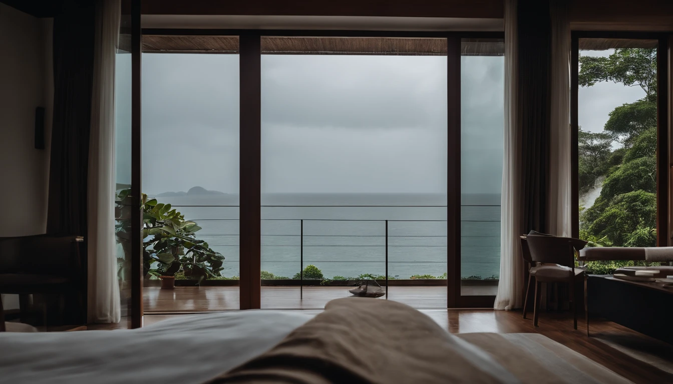 it's raining outside、Villa with sea view、You can see the rainy sea outside from the big bed.{Bet perspective}