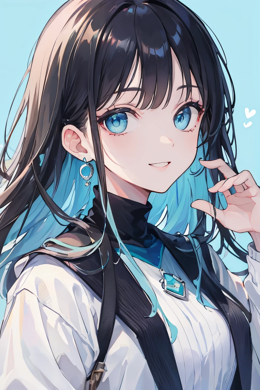 ((highest quality)), ((masterpiece)), (be familiar with), perfect face, black hair, bangs, long hair, smooth hair, Patsun, smile, ear hook, Beautiful, beautiful, Image color is light blue, aquamarine eyes, older sister, turtleneck, kind face