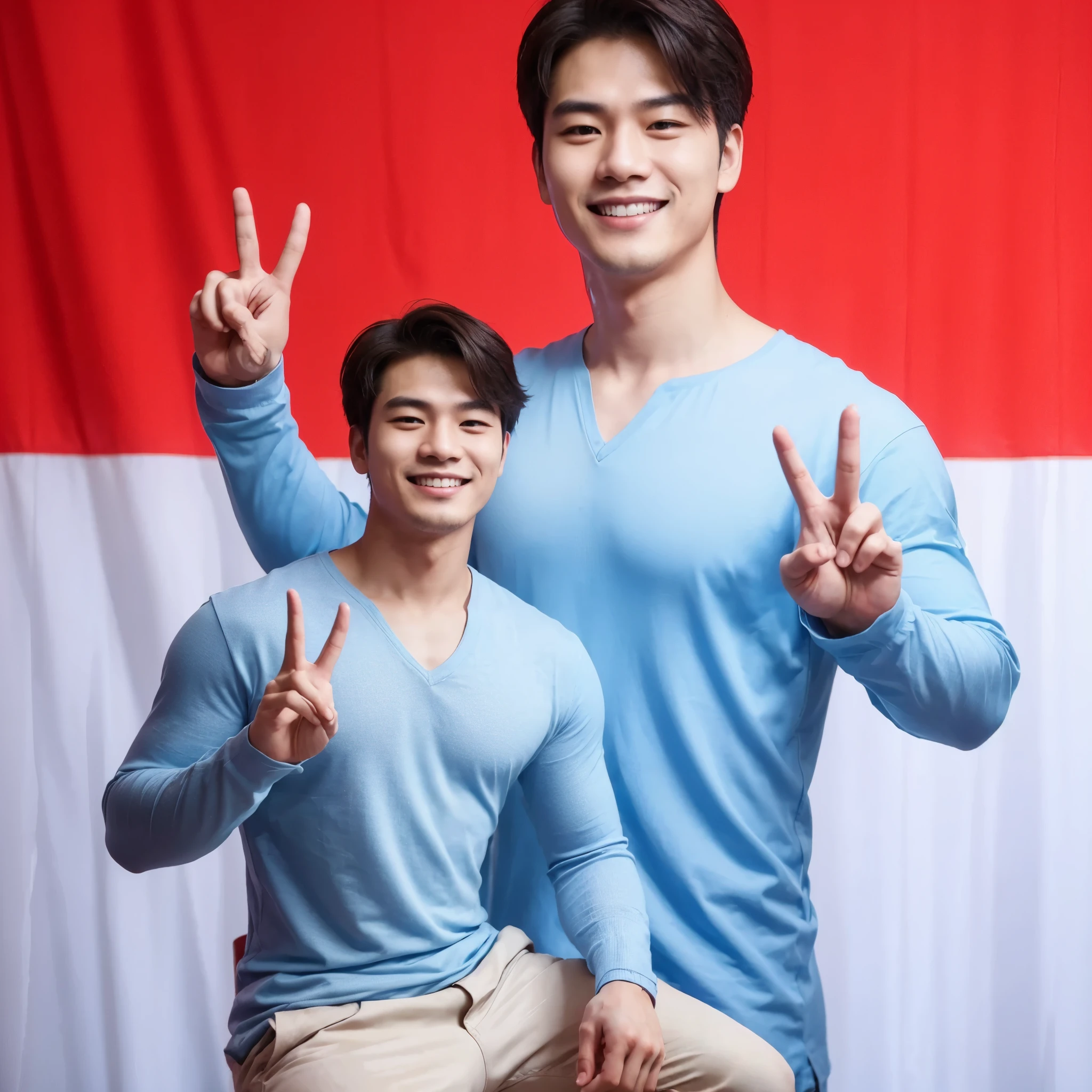 Create a realistic photo fullbody shot of a 25 year old korean man, wearing a formal sky blue shirt, fit body trapezoid, posing smiling while showing his "One hands two fingers pose" which has a little purple ink on the tip of his little finger. The background depicts the red and white Indonesian flag, photo look real and real, realistic, hyperrealistic, very detailed, highly resolution, 8K
