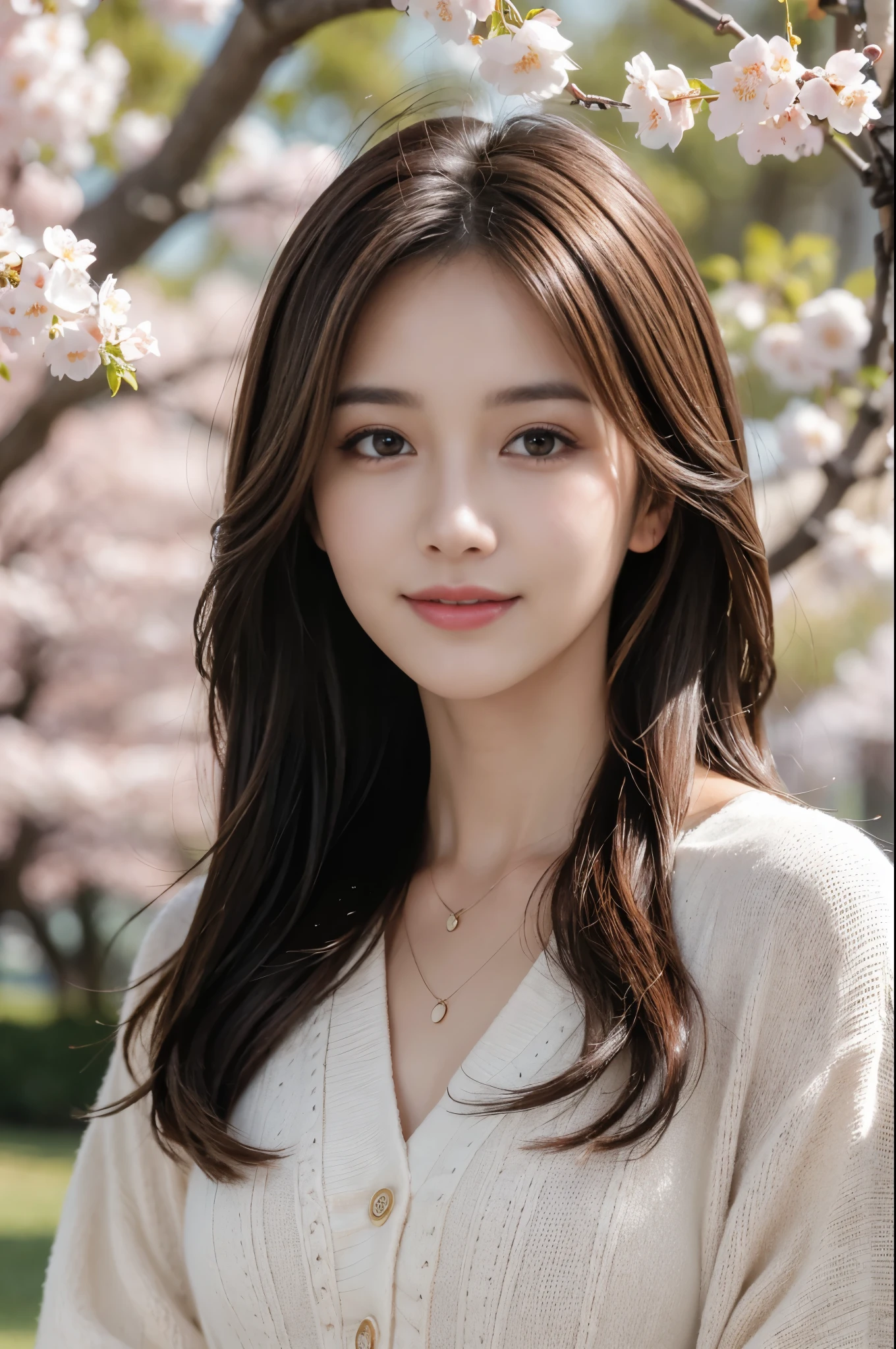 Tabletop, highest quality, Realistic, Super detailed, finely, High resolution, 8K Wallpaper, Beautiful Japanese woman,21-year-old beauty、beautiful long light brown hair, Spring-like outfit,Smiling、 Sharp focus, Perfect dynamic composition, Detailed and beautiful eyes, Fine hair, Detailed and realistic skin texture, Close-up portrait,Shapely large breastodel Body Type