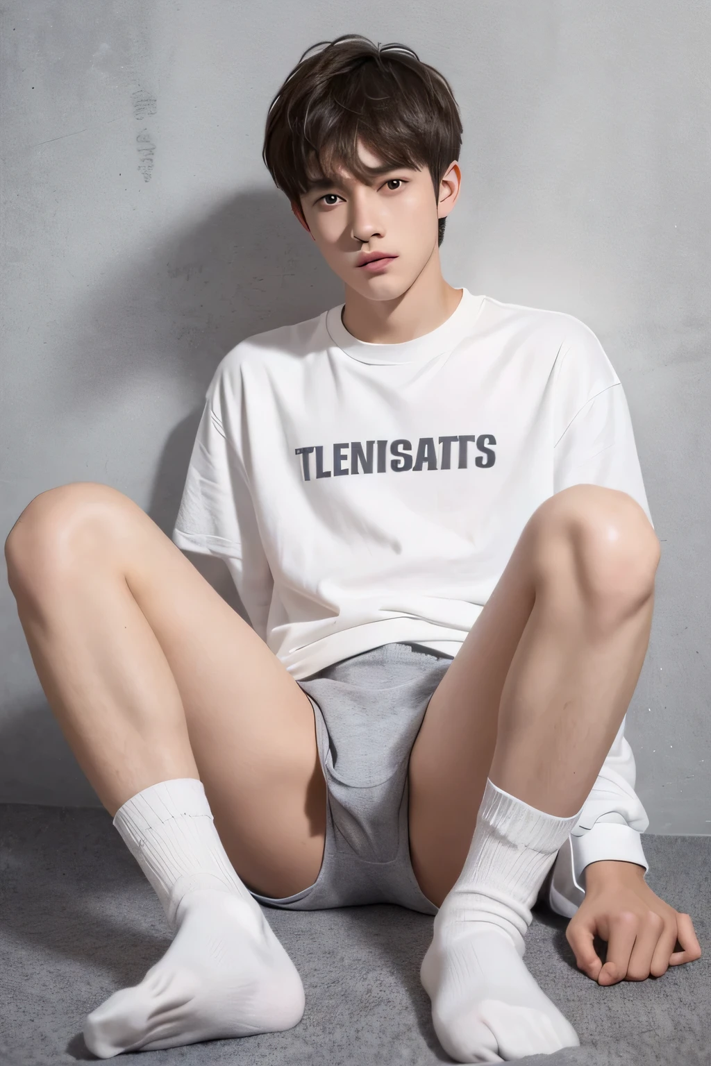 Handsome age boy，He only wore gray underwear and white socks，His socks have slight sweat stains，His legs are slightly raised and spread apart，There is a huge bulge between the legs，There is a big bulge in the underwear，There are obvious sweat stains in the center