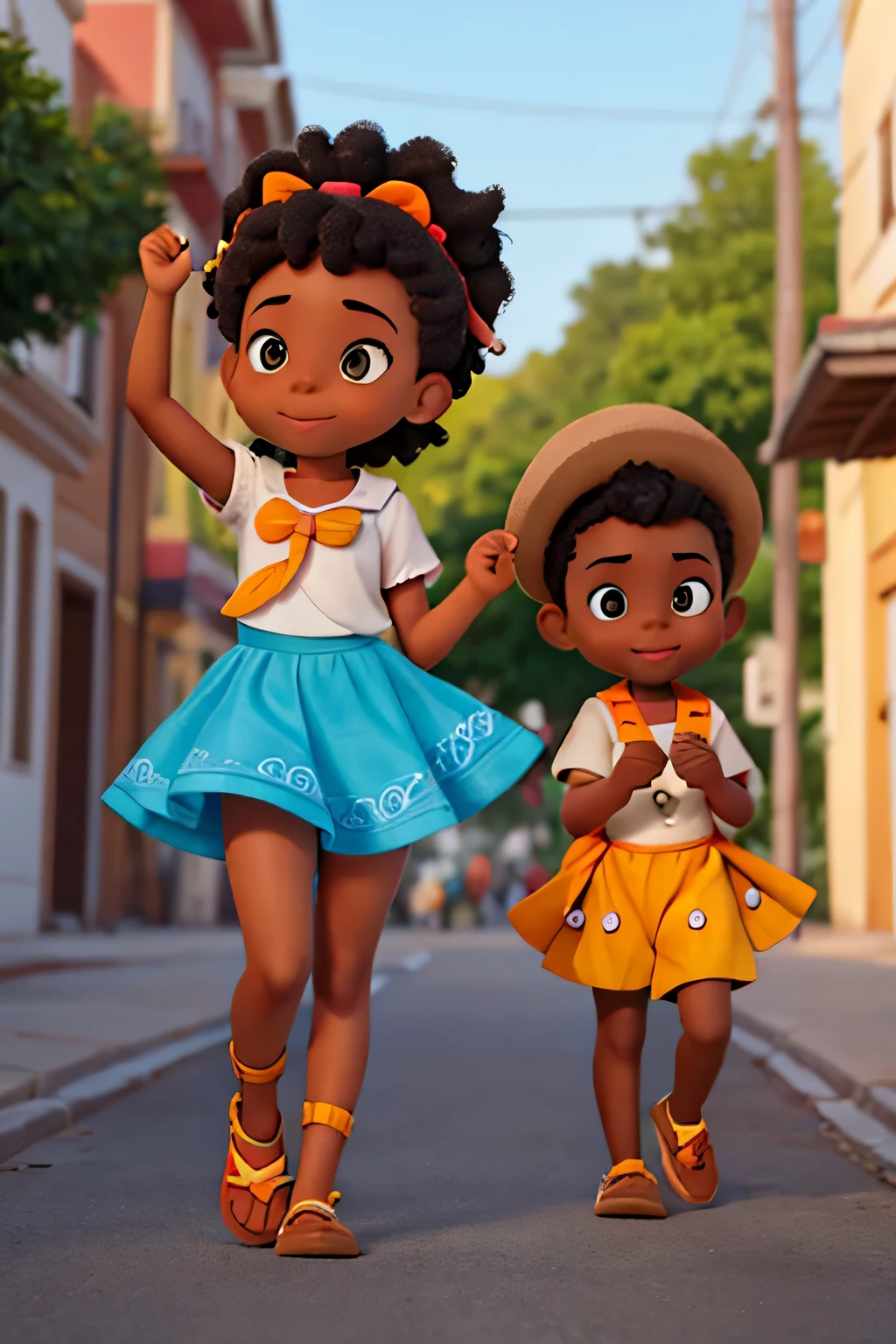 2 {{african amerian kids}} character disney style ,{{ curyl bows }} hair style, wear short wears, full body pose, runing to {{pick mango on the table}}  , {{ ruining}} street background 
