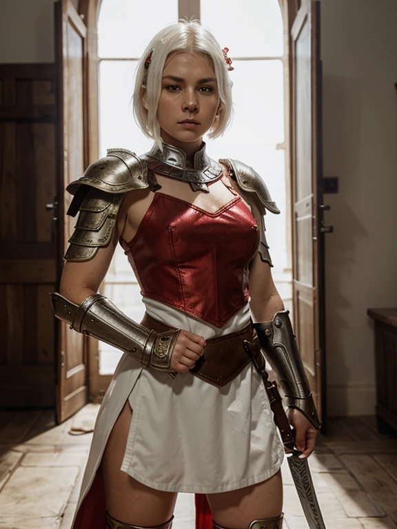 russian goddess short white hair, tomboy cut, round face, fine nose, paper-clear skin, red leather pants, wearing a red blood armor breastplate, red armor gloves, holding a butcher knife in one hand, coal black eyes, macabre smile