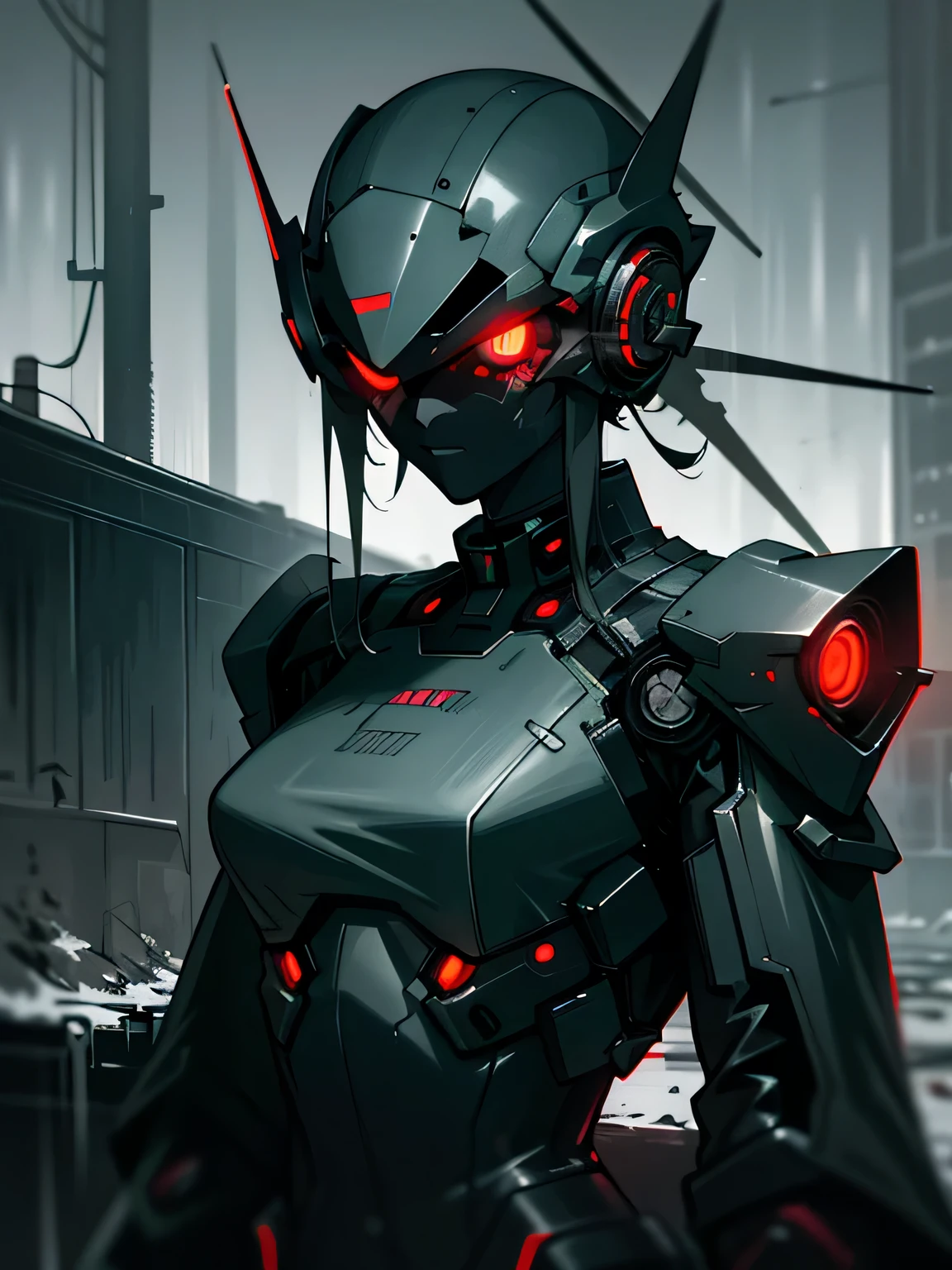 ((dark cyberpunk art)), (dull city atmosphere), dark robot girl, tired and broken, (red luminous eye visor), gray coating, black and gray metallic suit, helmet with sharp metal ears, clothing with rough details and sharp edges, cold light, black gloss and dark green color palette, on the roof, Cold Night, rain, very detailed, very detailed background