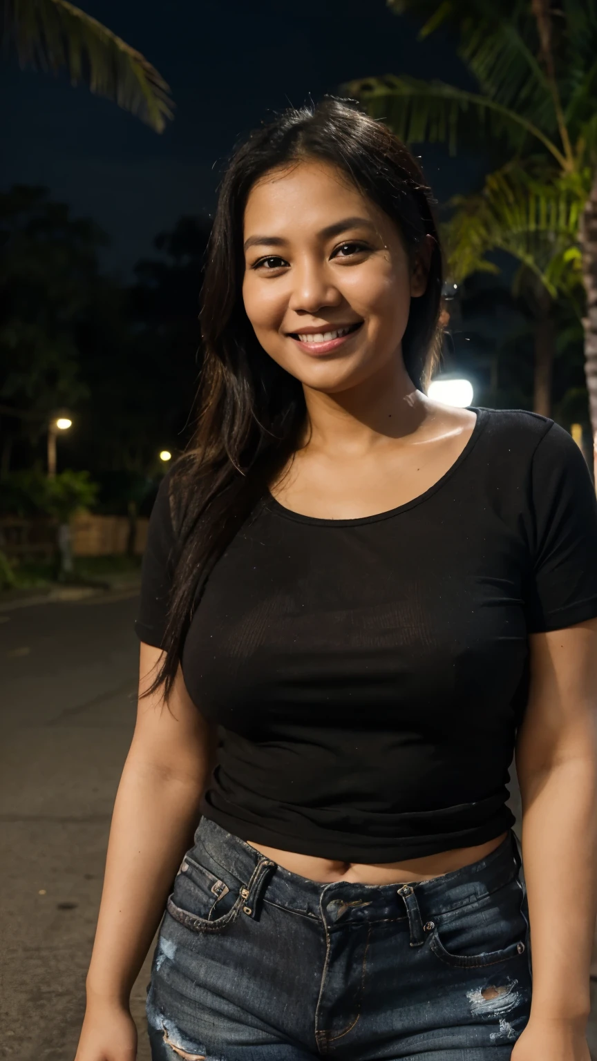 RAW photo, 40 year old Indonesian woman, fat, wearing a loose black t-shirt, ripped jeans, happy smile, outdoors, at night.