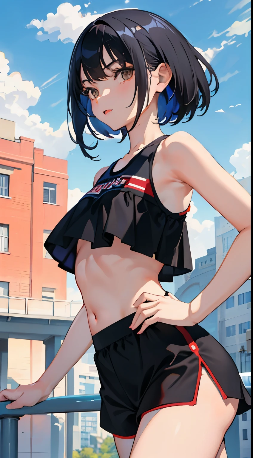 (short cute girl， young studeg delicate girl）,（masterpiece，Top quality)，Crop Top Look，cheerleader，shorts，long black hair