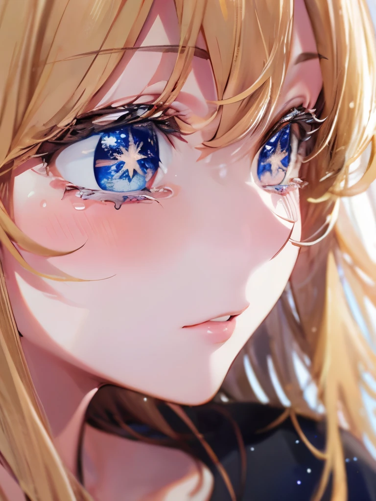 1woman,Crying, tears coming out,super beautiful,close up photo,Various expressions,Beautiful eyes, lenses of stars,very detailed face, HD face, perfect face,,at night,black t-shirt,black mini skirt,Very big breasts,Blonde hair,long hair,wavy hair,bangs,blue eyes,ultra detail,ultra Hd, masterpiece,4k