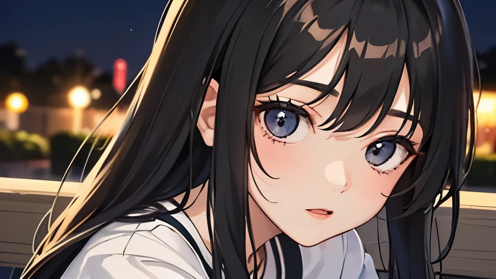 20-year-old、college age girl、Hair is black、long black hair、very cute、Meet at the park、night、sitting on the bench、close up of face、