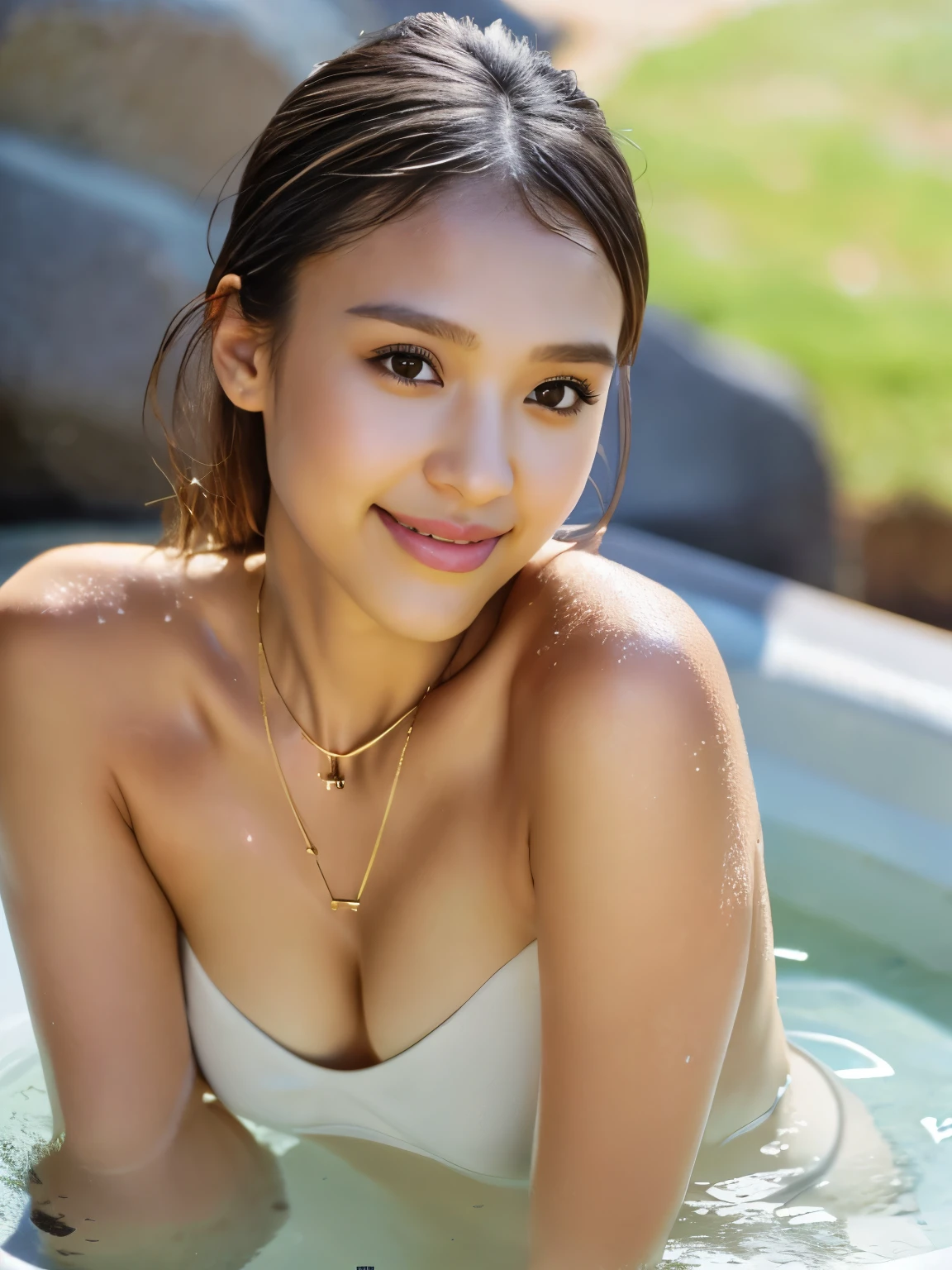 jessica_alba, Ultra-detailed 8K photo, super slender, half smile, Composition from above, Upward glance, Wheat-colored skin, necklace,(open-air rock bath), (hot water smoke), (white cloudy water), (naked towel) , stunning beauty, stunning face and body, nice woman, lighting on figure, (background dark), blur background , (masterpiece), (best quality:1.4), 1girl, moist skin, (fog:1.2), mist, shiny skin, glossy skin, mist, wet, moisture, full body shot