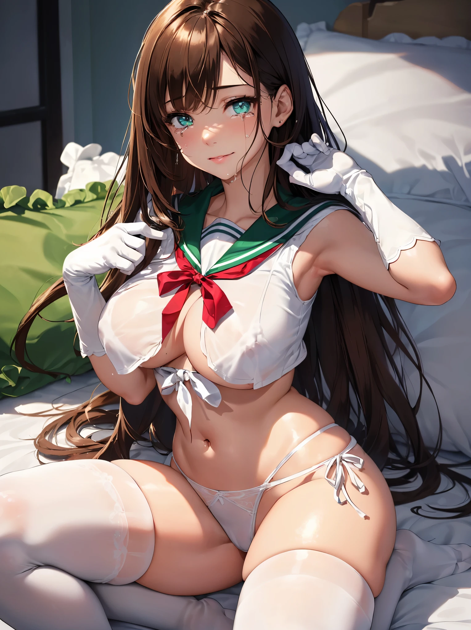 (1 woman), (Micro thong), (((under boob))), ((Crop Top shirt)), ((spread legs, one knee up)), (Sailor school uniform only for the upper body), (white short shirt), summer clothes, ((Red Ribbon Tie)), (((sheer white long thigh-high socks))), (((long gloves))), masterpiece, Best Quality, High quality, High Definition, Finely detailed, Detailed texture, realistic representation of face, Realistic, Colorful, Ray tracing, (((lighting forward))), ahegao, sad, smile, (((crying))), (drooling), (((steam))), (glowing eyes), (Detailed beautiful delicate face, Detailed beautiful eyes, A perfectly proportioned face, High detailed skin, best ratio four finger and one thumb, (((Glowing white shiny skin))), (oiled skin), (large breasts), ((Smooth texture, Realistic texture, Photorealistic)), ((Green eyes)), (((brunette hair))), (Beautiful face, Cute face, Detailed face), on a bed