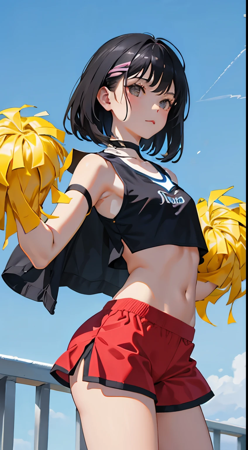 (short cute girl, young studeg delicate girl),(masterpiece,Top quality),Crop Top Look,cheerleader,shorts,long black hair