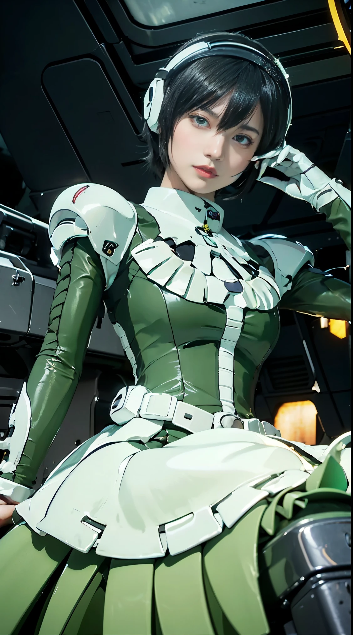 Highest image quality, outstanding details, ultra-high resolution, (realism: 1.4), the best illustration, favor details, highly condensed 1girl, with a delicate and beautiful face, dressed in a black and green mecha, wearing a mecha helmet, holding a directional controller, riding on a motorcycle, the background is a high-tech lighting scene of the future city.