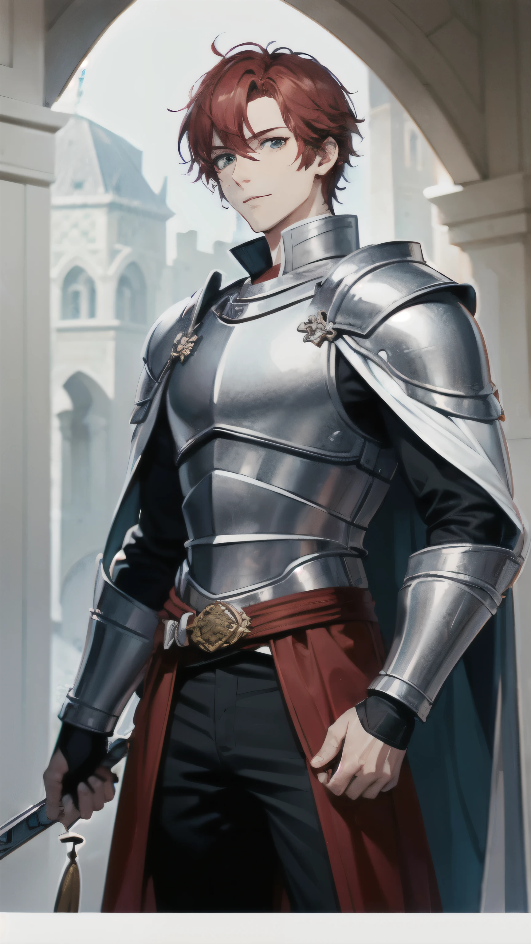 Male 28 years old, Knight in White Armor, red short curly hair, green eyes, calm expression on his face, average age