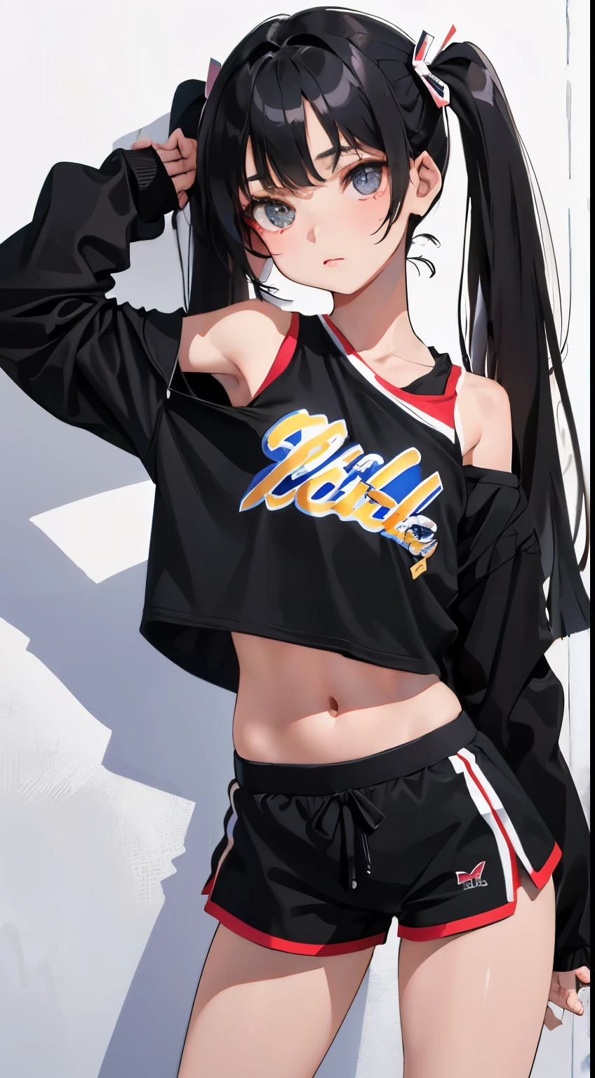 (short cute girl,small young student,young delicate girl),(masterpiece,Top quality),Crop Top Look,cheerleader,shorts,long black hair twin tails