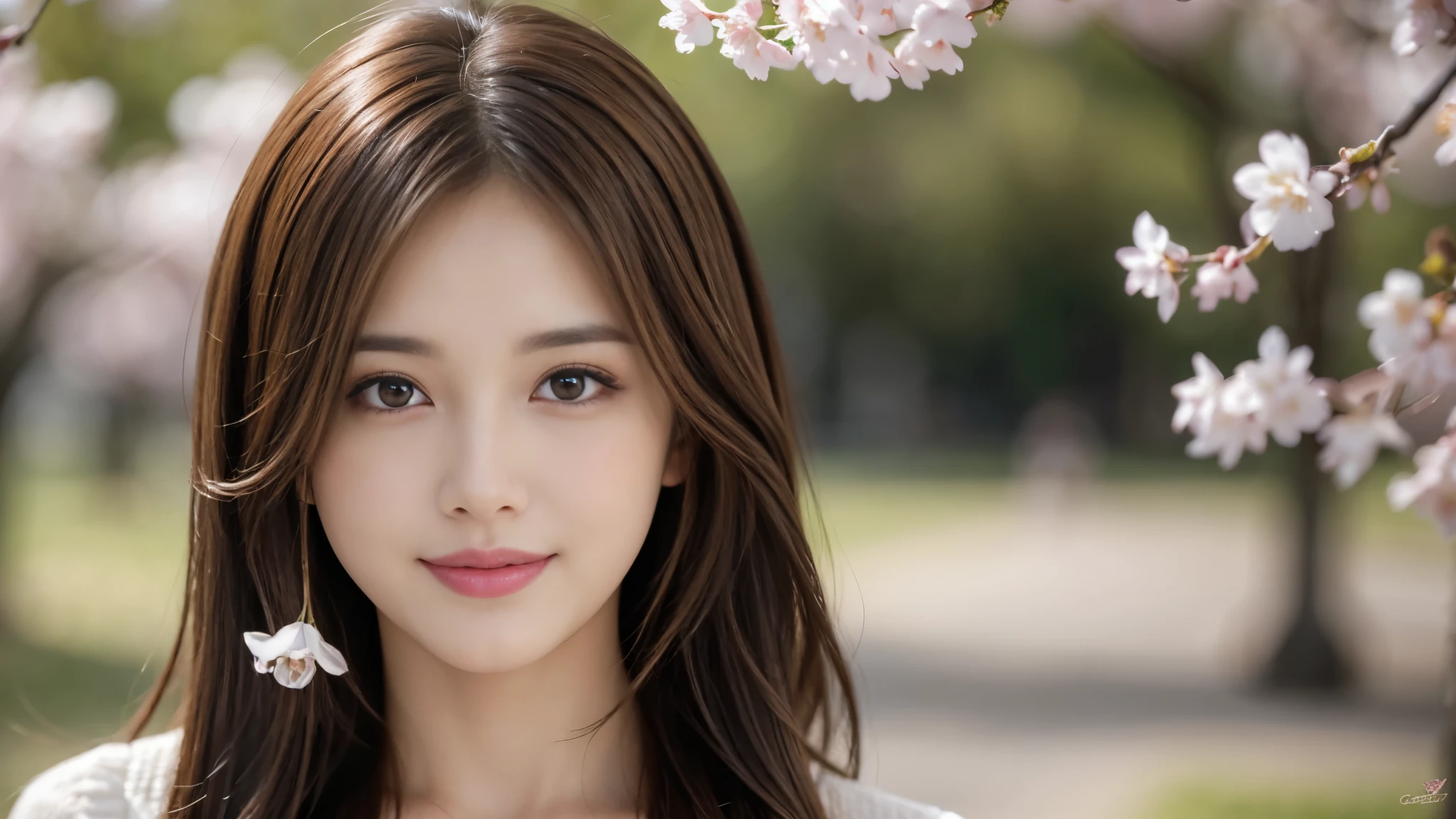 masterpiece, Best Quality, Photorealistic, Ultra-detailed, finely detailed, High resolution, 8K Wallpaper, 1 beautiful woman, light brown hair, foco nítido, Perfect dynamic composition, Beautiful detailed eyes, detailed hairs, Detailed realistic skin texture, Smiling, portrait, Model body type, Take a walk in the park with cherry blossoms,