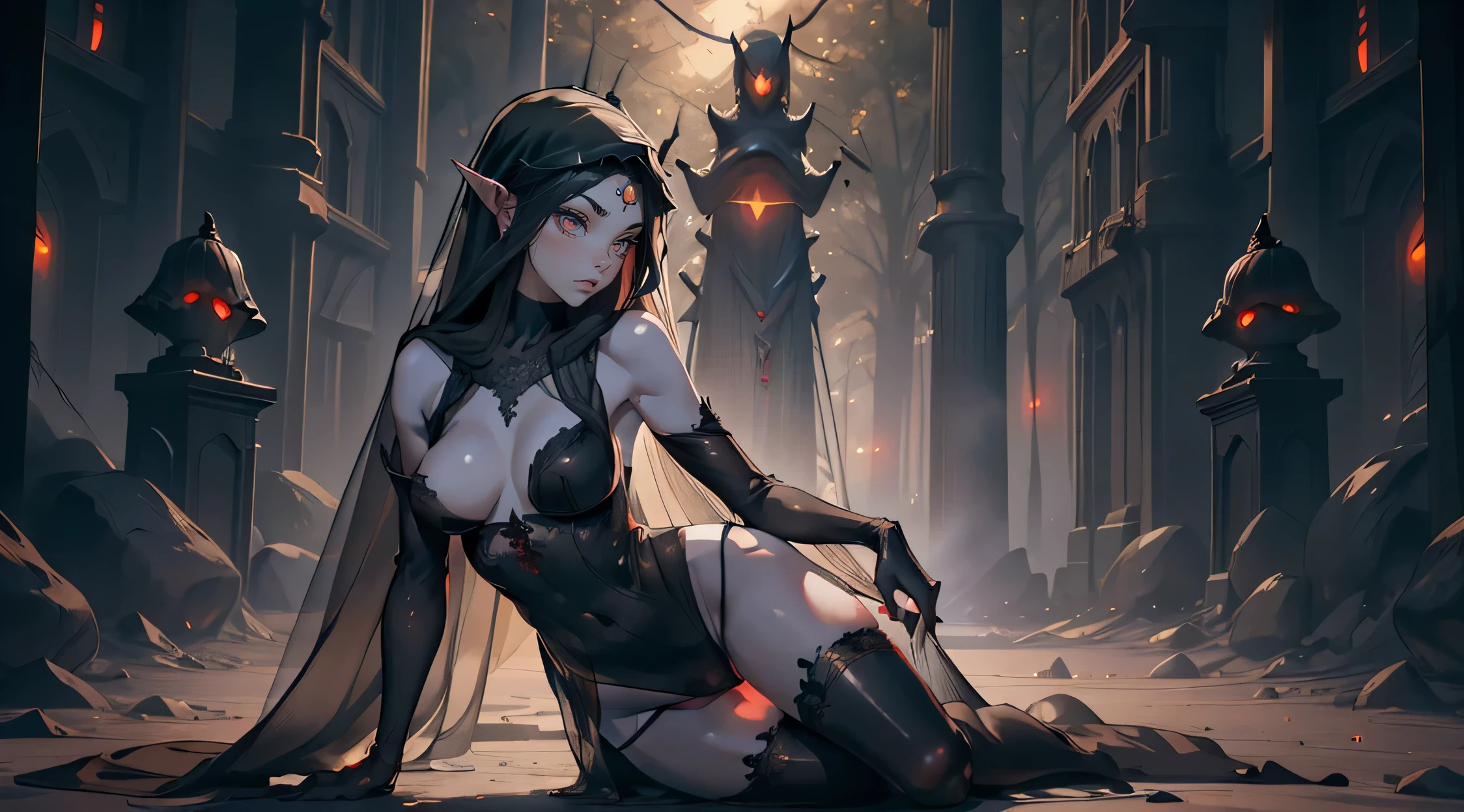 masterpiece, high quality, illustration, extremely detailed, NSFW, 1_women, (upper body), naked, (exotic skin_complexion:1.4), pale grey skin, mature, statuesque, tall, beautiful, exotic, with long elf ears, (((nude))), (looking away from the viewer), stoic expression, serious face, (((black veil covering face))), bare shoulders, wearing (diaphanous) robes, black choker, ((thigh gap)), cameltoe, (((pussy))), (thigh highs) with silver embroidery, long fingerless leather gloves, tall black boots, ((medium breasts)), ((nipples)), gray hair, long hair, realistic and detailed face having (((red eyes)), ((glowing eyes)), dark_eyeliner, long_eyelashes), natural dynamic lighting casts detailed shadows, graveyard, mist, fog, (((performing magic spell))),